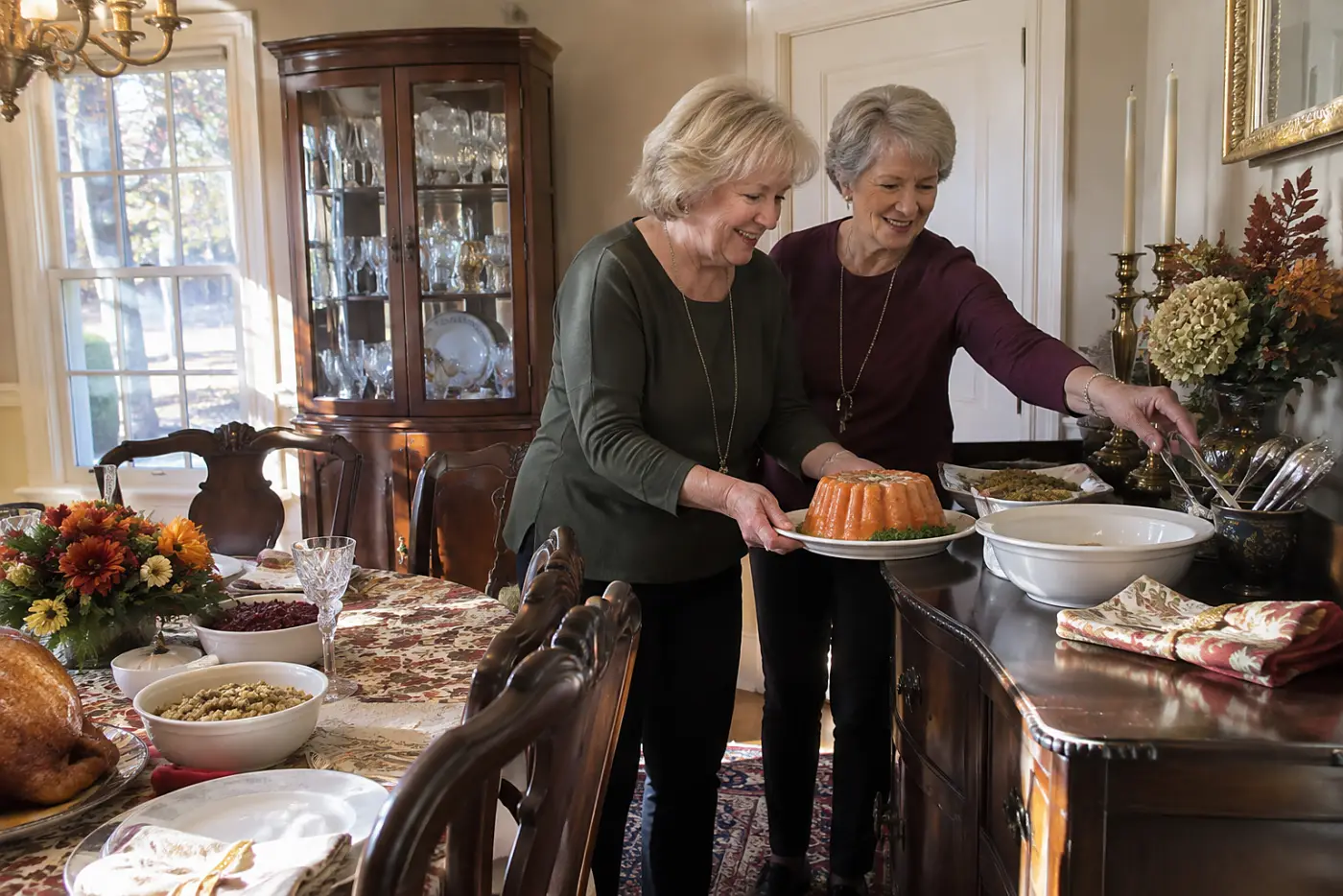 An older woman sets a carrot-and-pineapple mold on a Thanksgiving dining room sideboard.