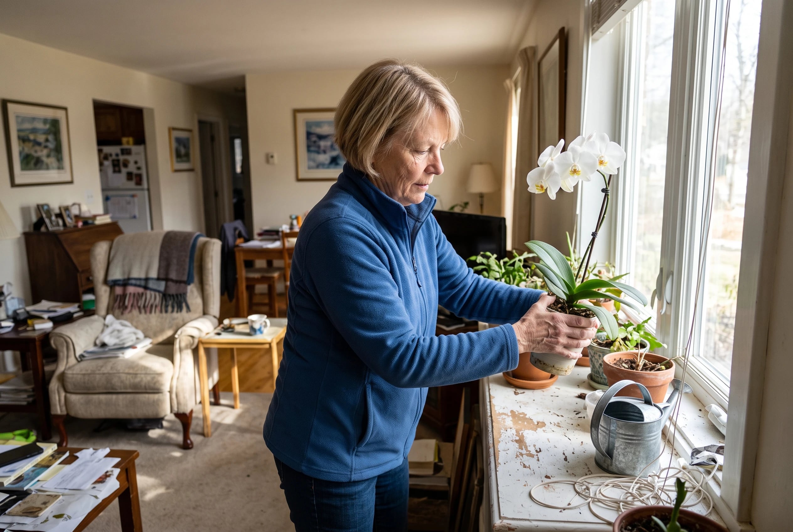 An older woman checks a Phalaenopsis orchid’s pot beside a living-room window.