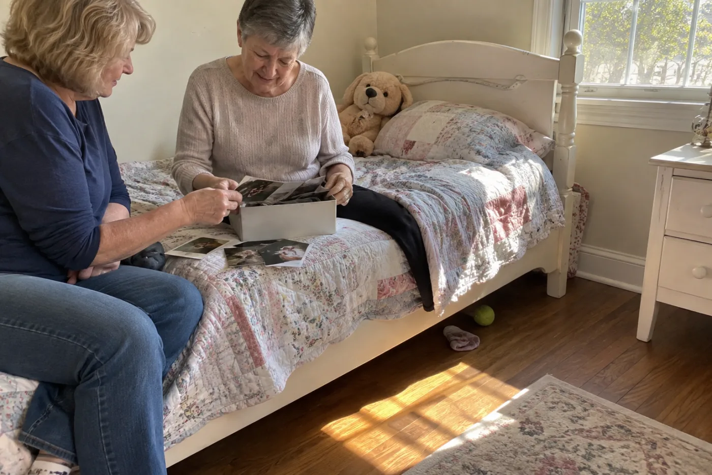 Older woman opening a shoebox of school photographs beside a child’s old bed.