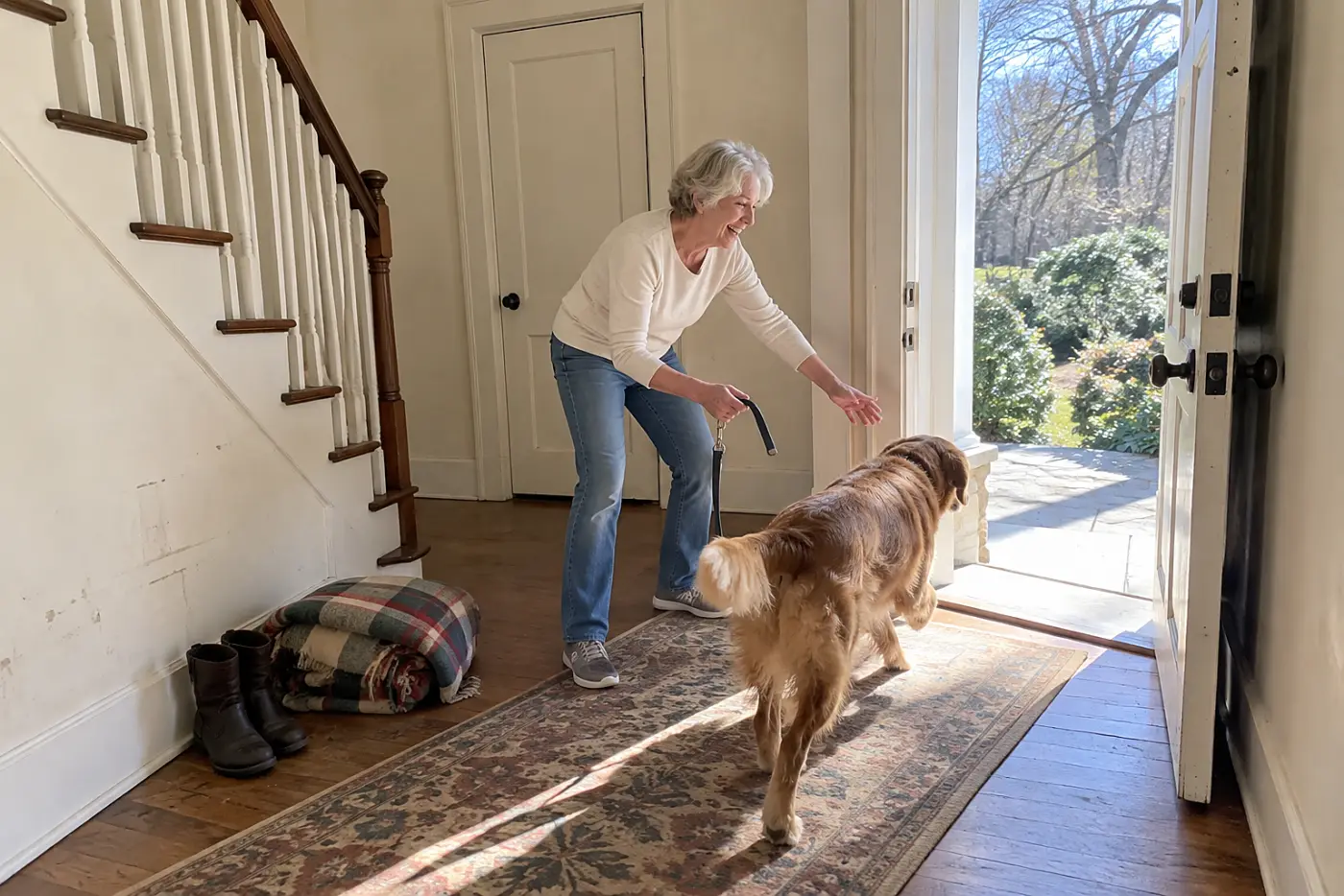 A woman in her late sixties clips a leash onto her dog in the hallway of an empty house.