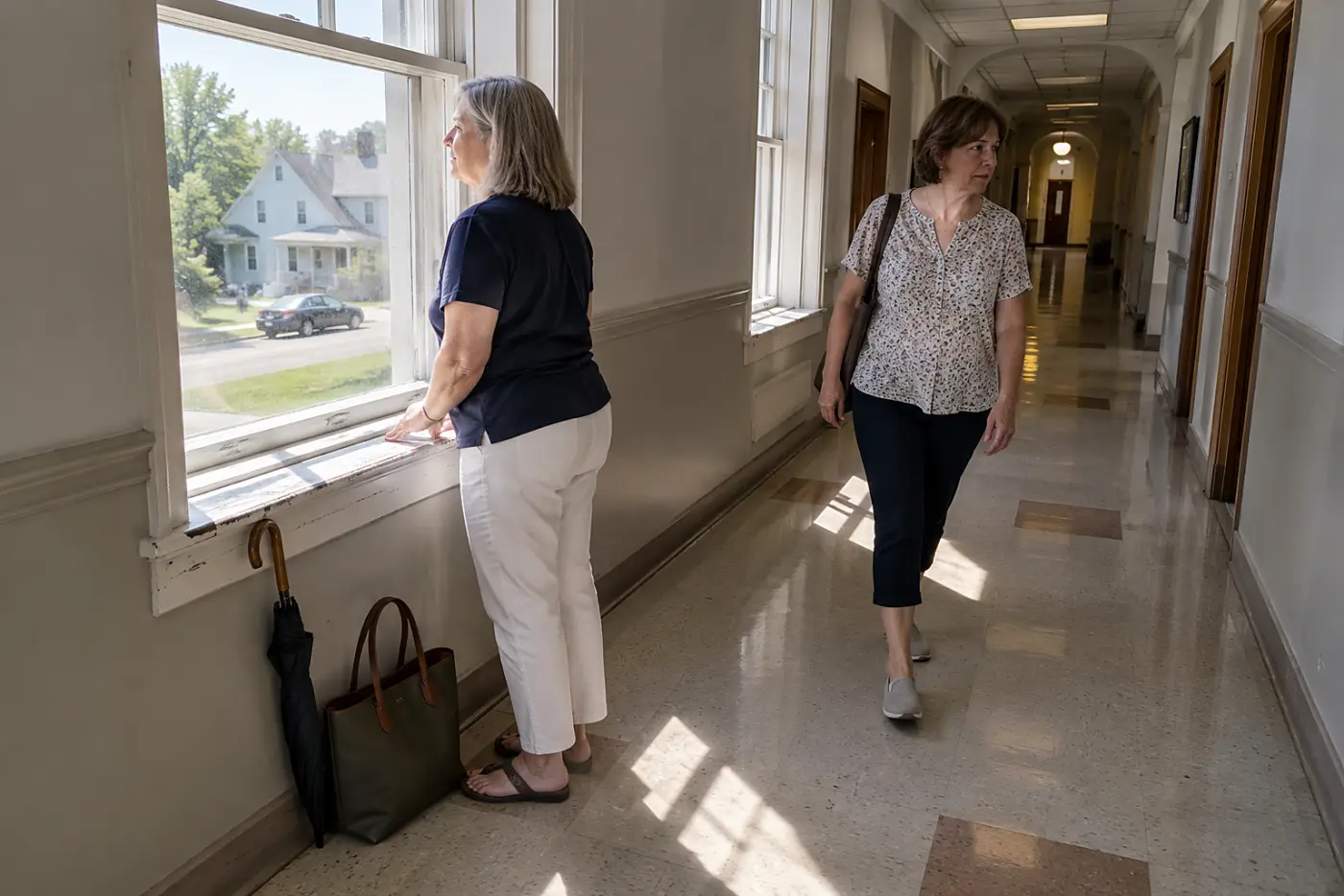 A woman in her fifties looks at a house from a county office hallway window.