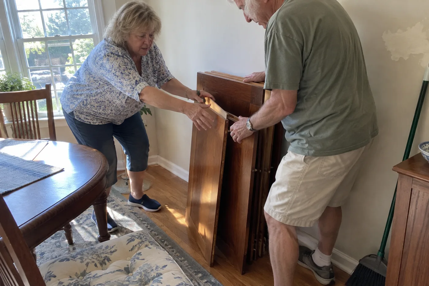 Older woman tying together wooden table leaves in a dining room.