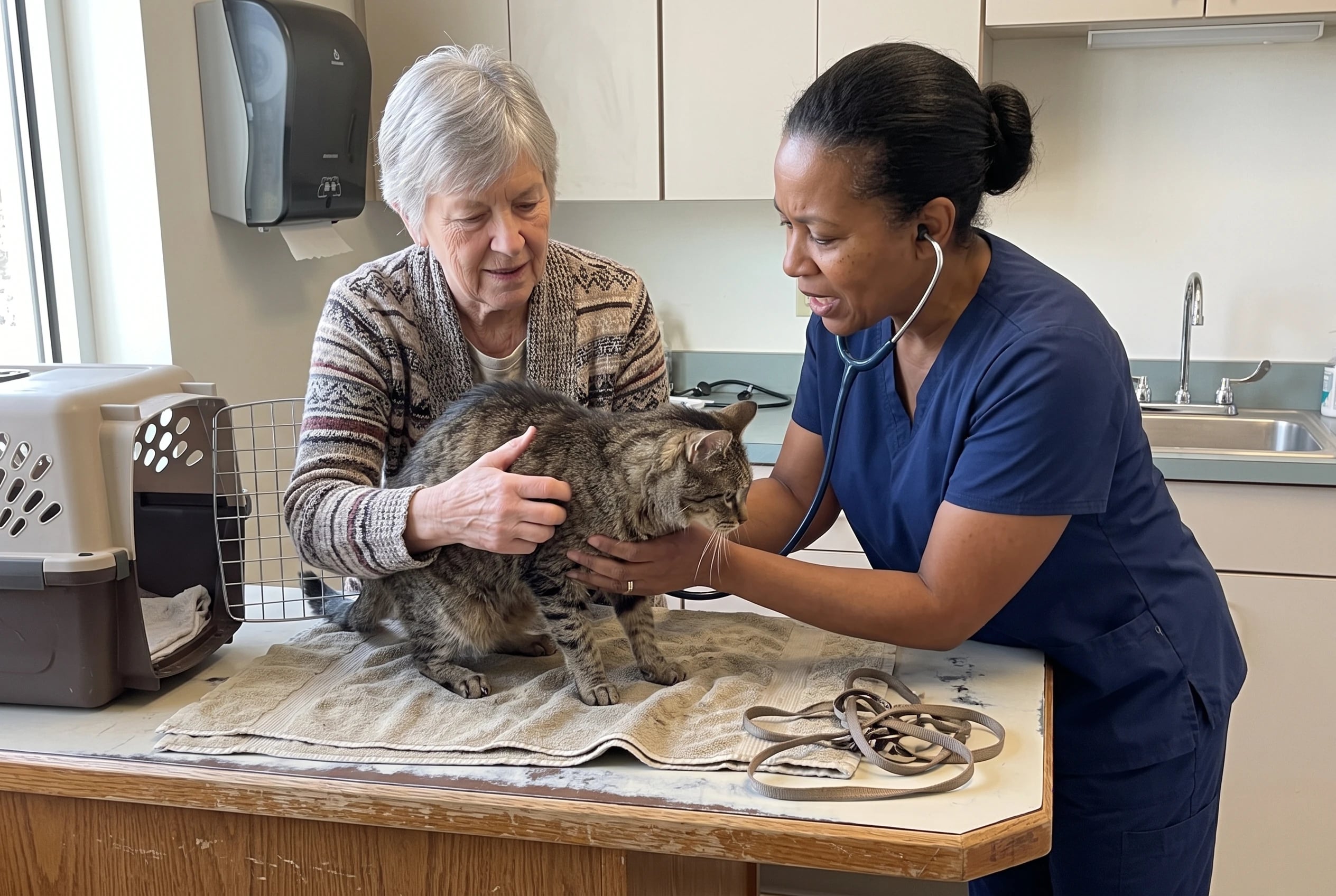 An older woman steadies her cat on an exam-room counter while a veterinarian examines him.