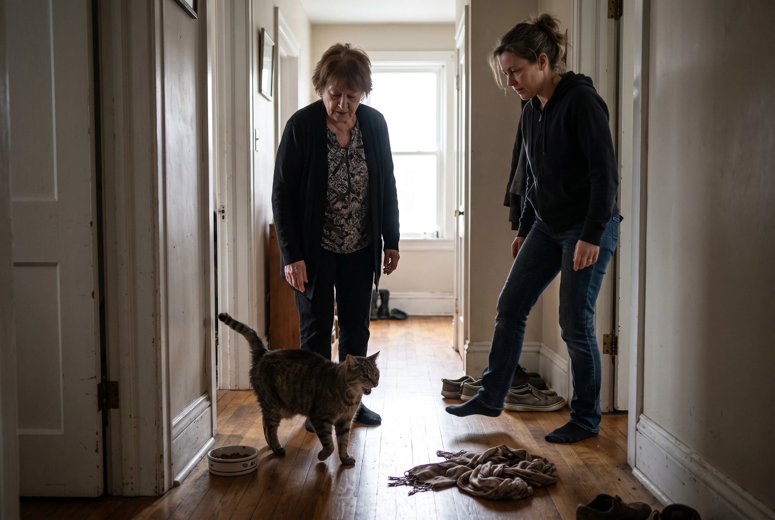 An older woman stands beside her calling cat and a food bowl in a dim hallway.