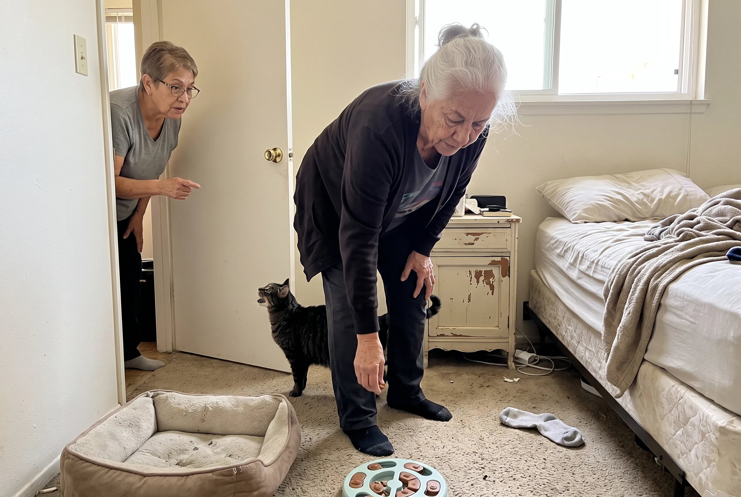 An older woman places a food puzzle near her cat’s bed in a bedroom.