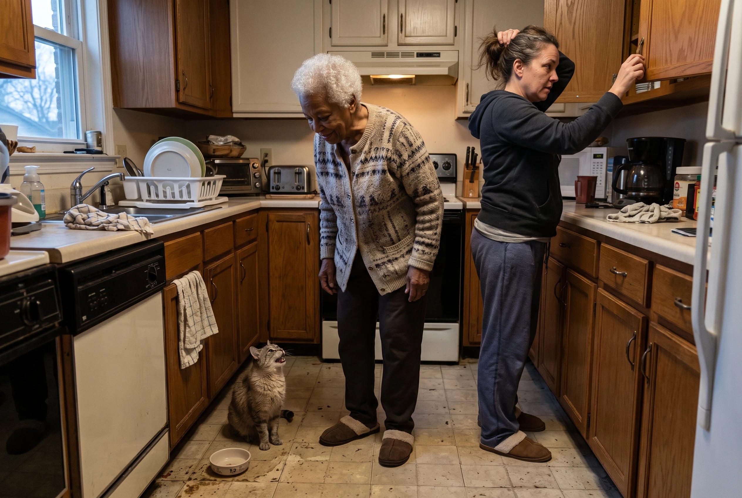 An older woman watches her cat wait beside a food bowl before sunrise.