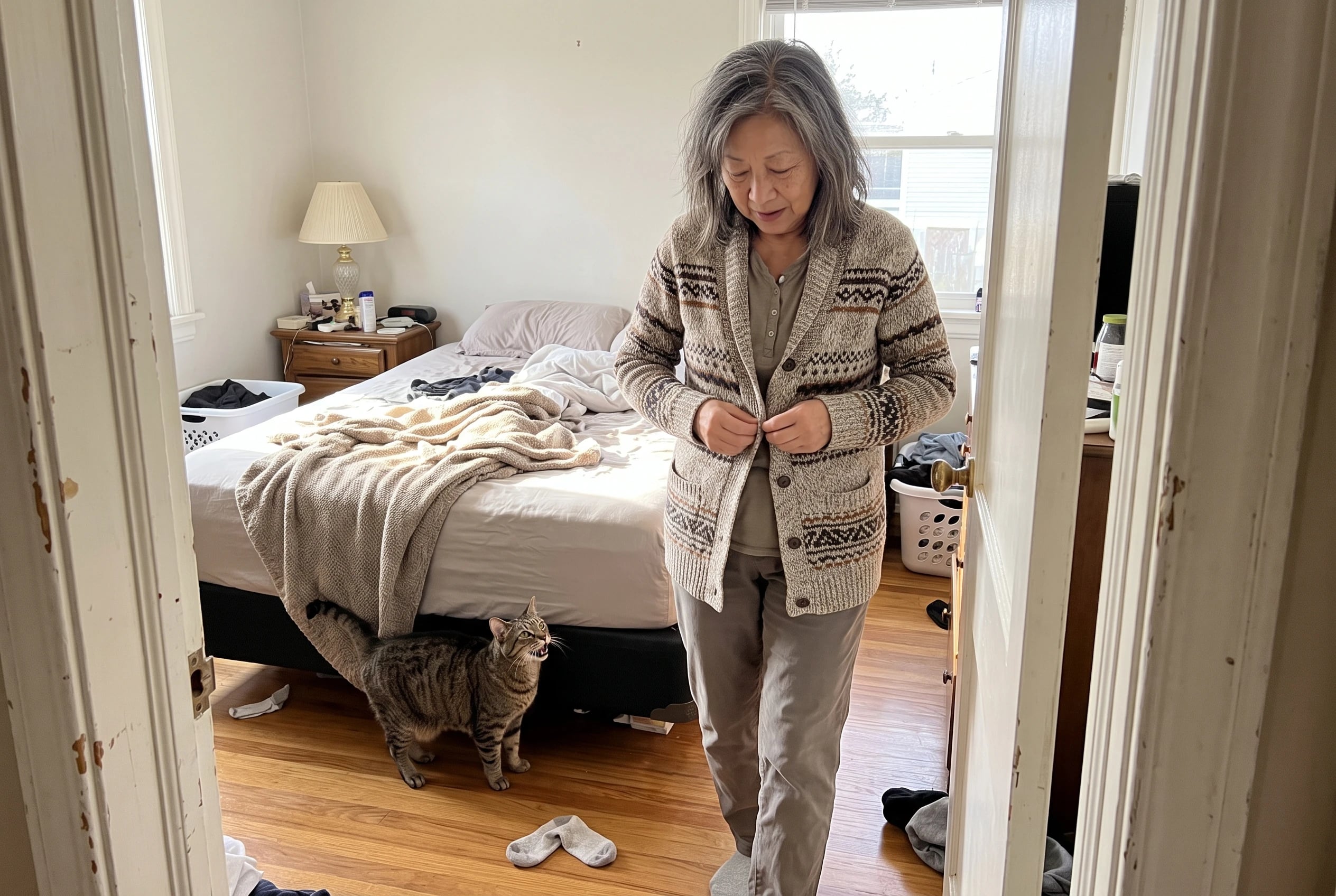 An older woman comes into her calling cat’s view in a bedroom doorway.