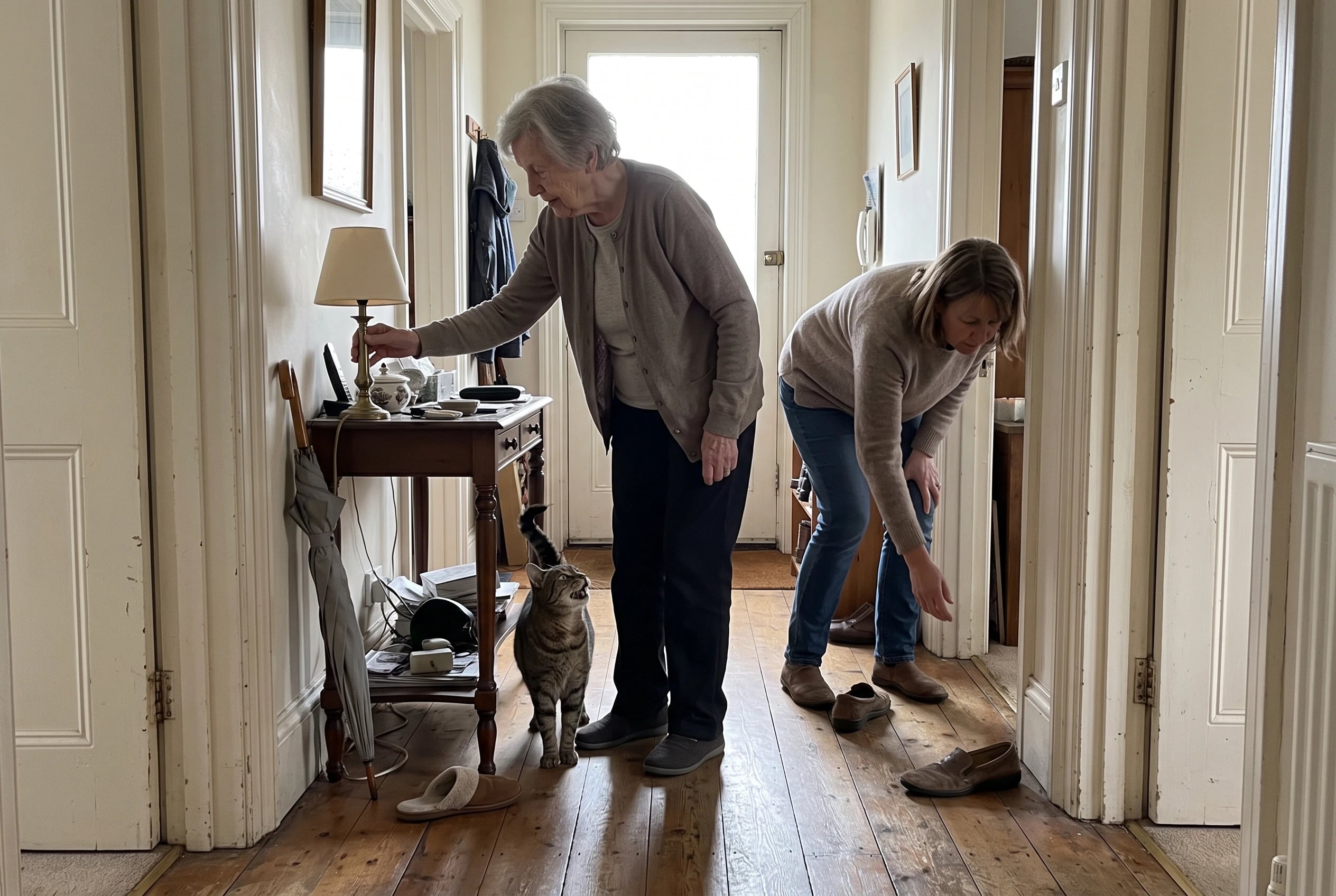 An older woman switches on a hallway lamp beside her cat.