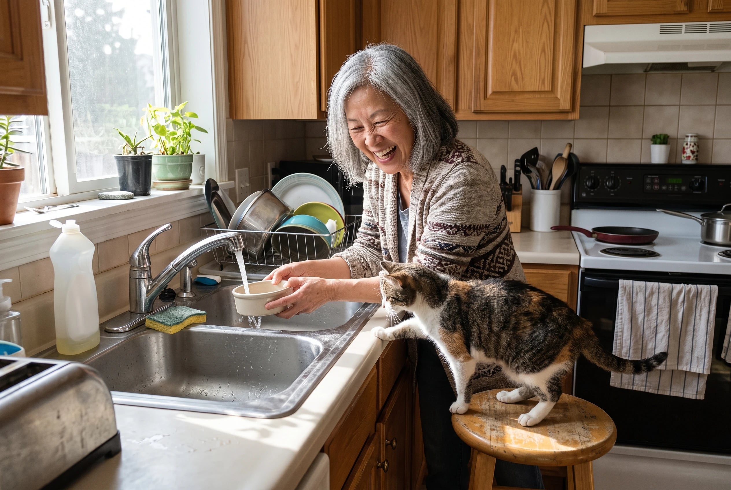 An older woman refills her cat’s water bowl at a kitchen sink.
