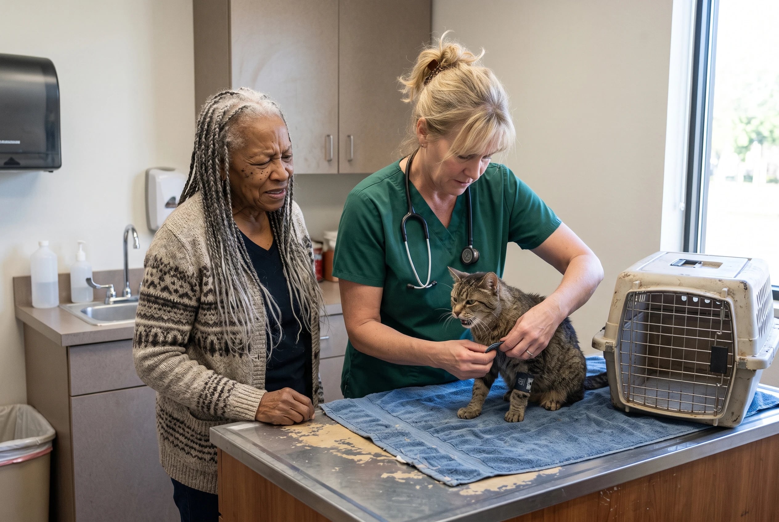 A veterinarian checks a cat’s blood pressure while an older woman stands beside the exam-room counter.