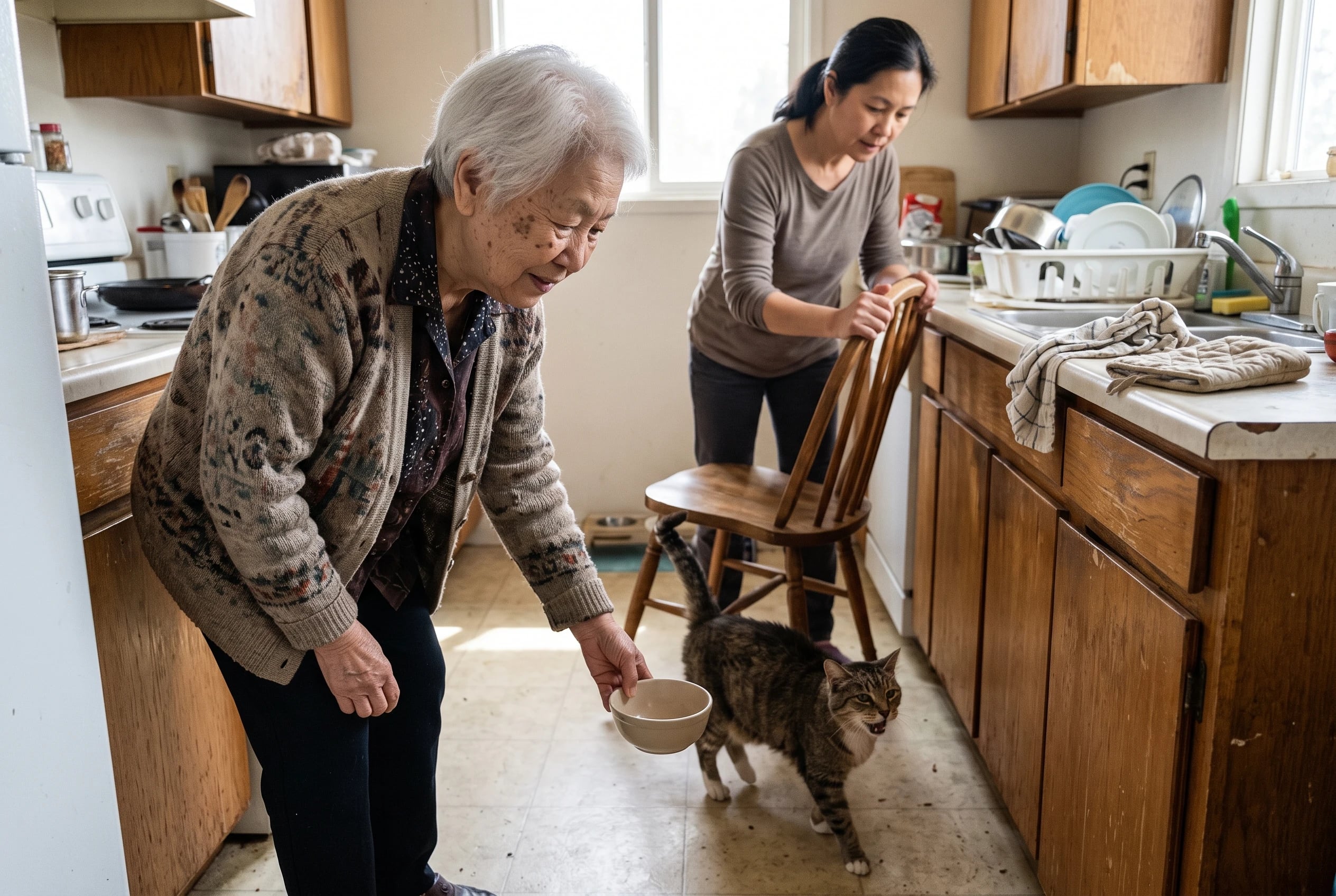 An older woman offers food to her restless cat in her kitchen.