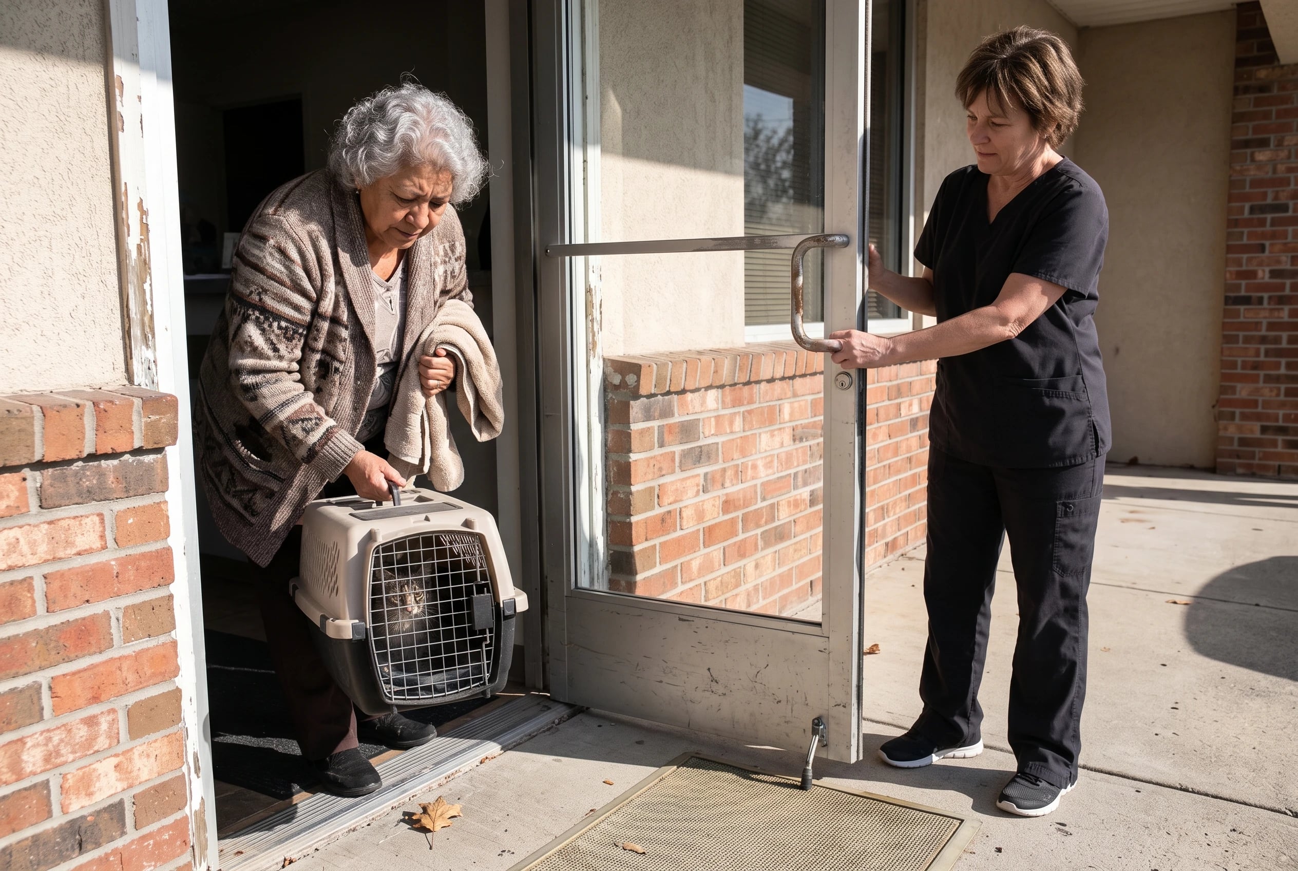 An older woman holds her cat’s carrier at the entrance to an emergency veterinary clinic.