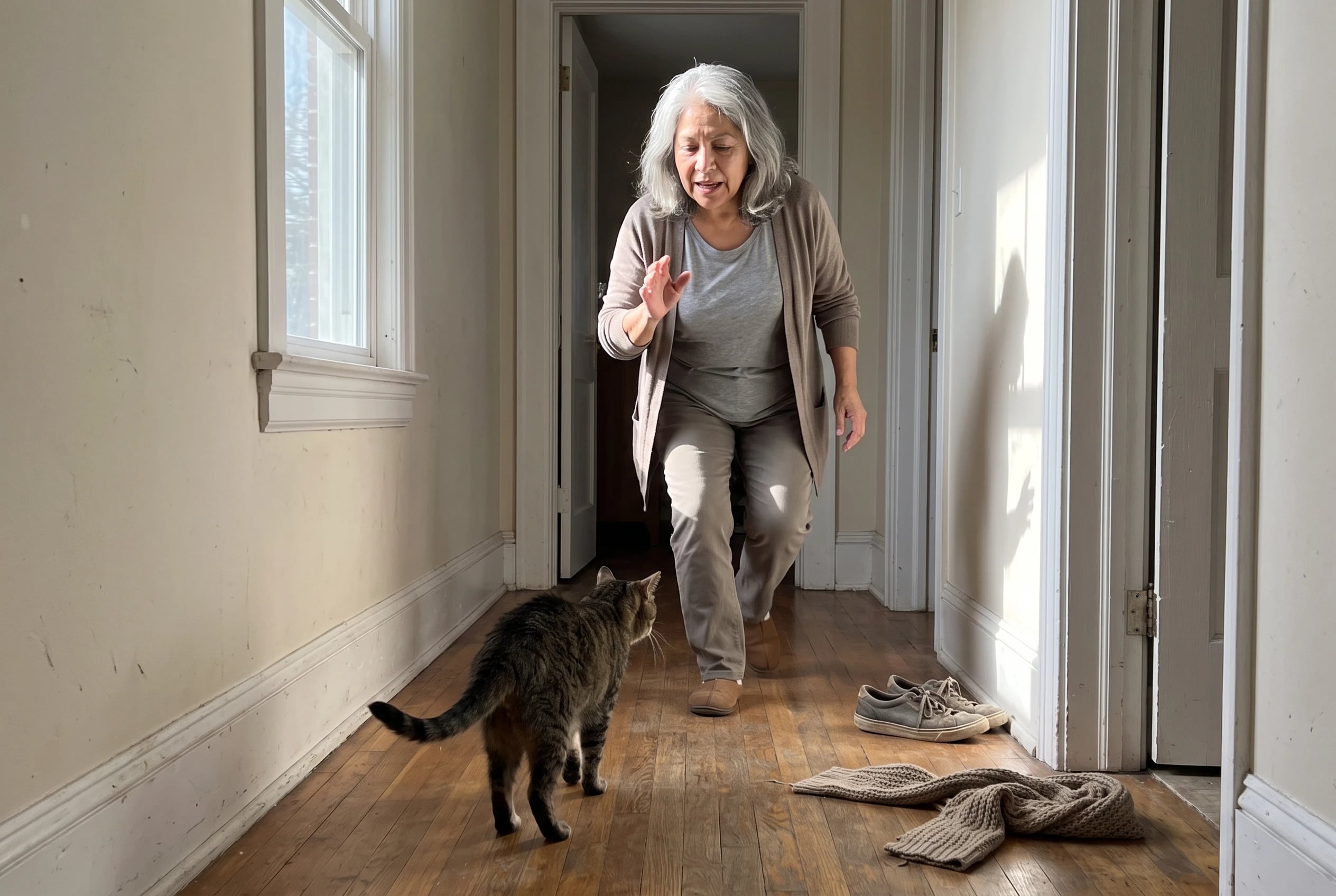 An older woman approaches her calling cat in a familiar hallway.