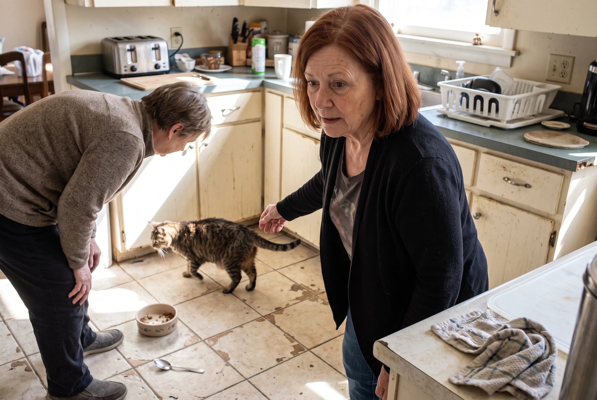 An older woman watches her cat leave food in a bowl on the kitchen floor.