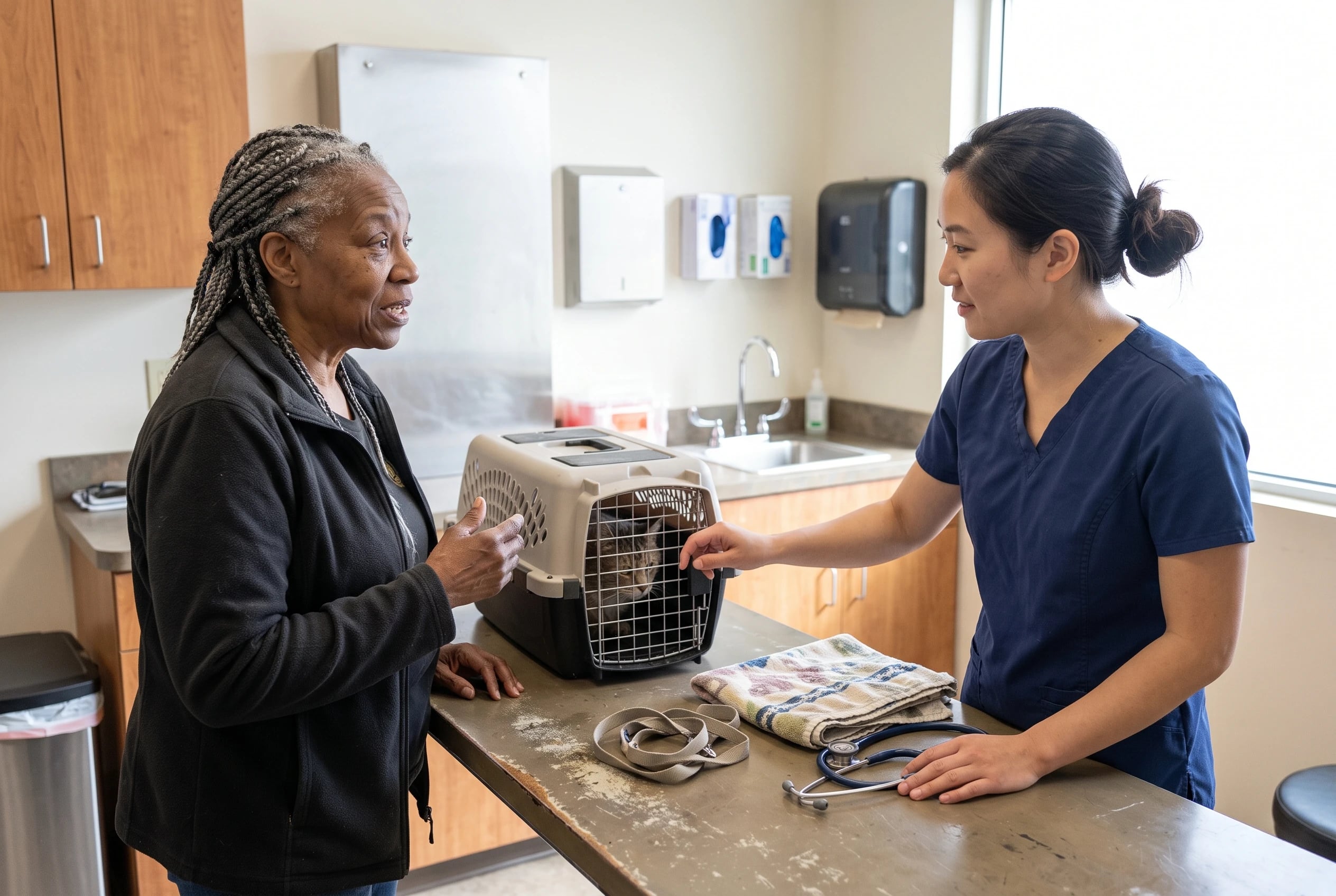 An older woman speaks with a veterinarian beside her cat’s carrier in an exam room.