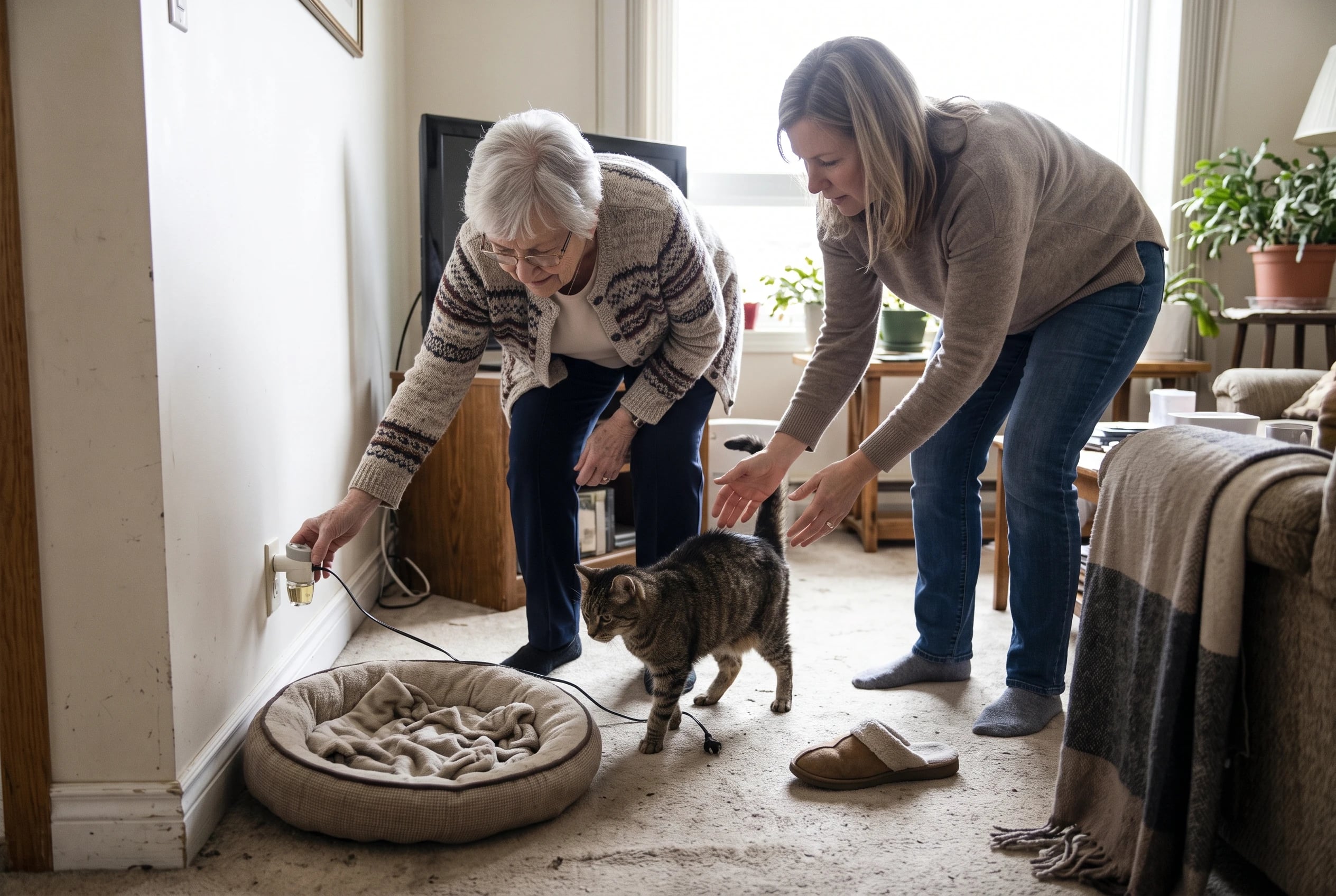 An older woman plugs a pheromone diffuser into a living-room outlet near her cat’s bed.
