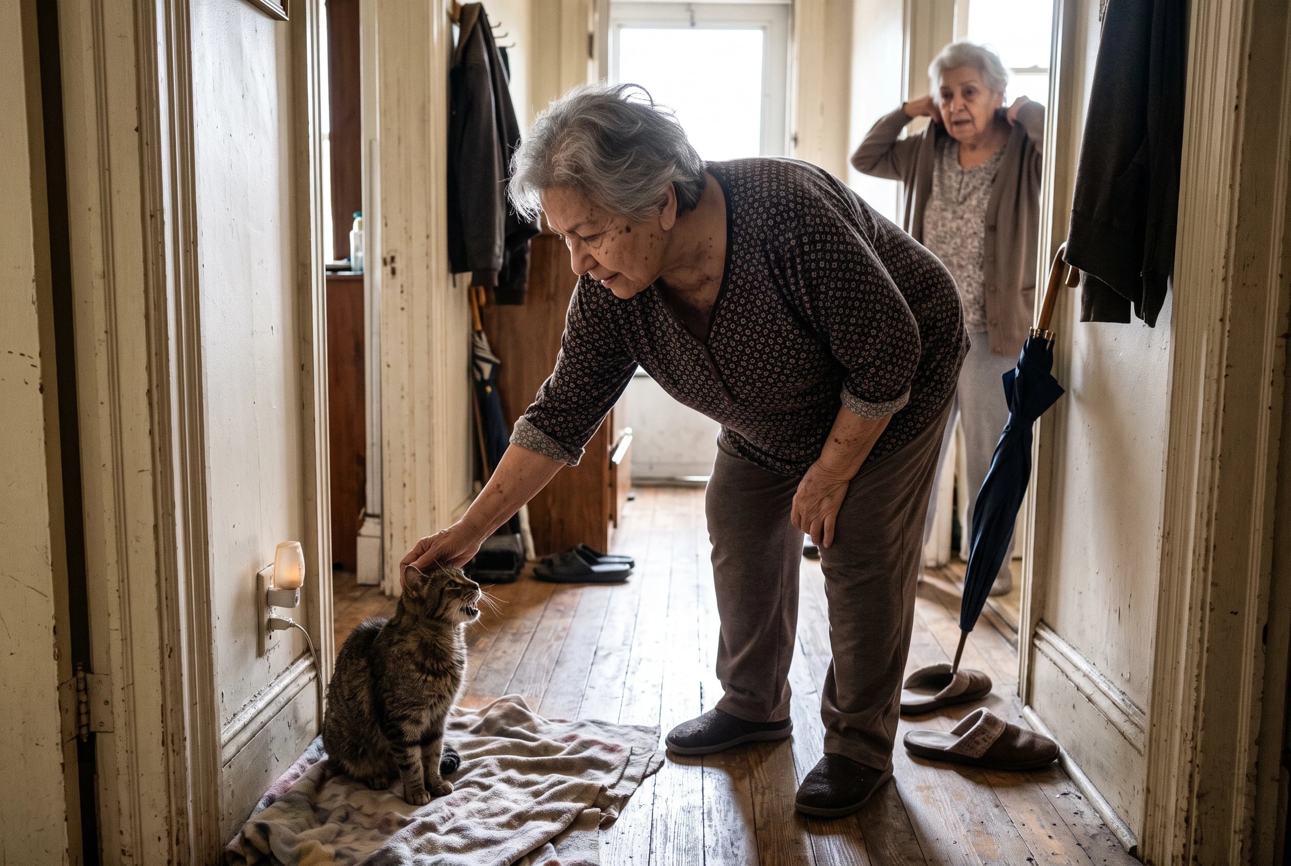 An older woman switches on a nightlight beside her cat’s hallway resting spot.