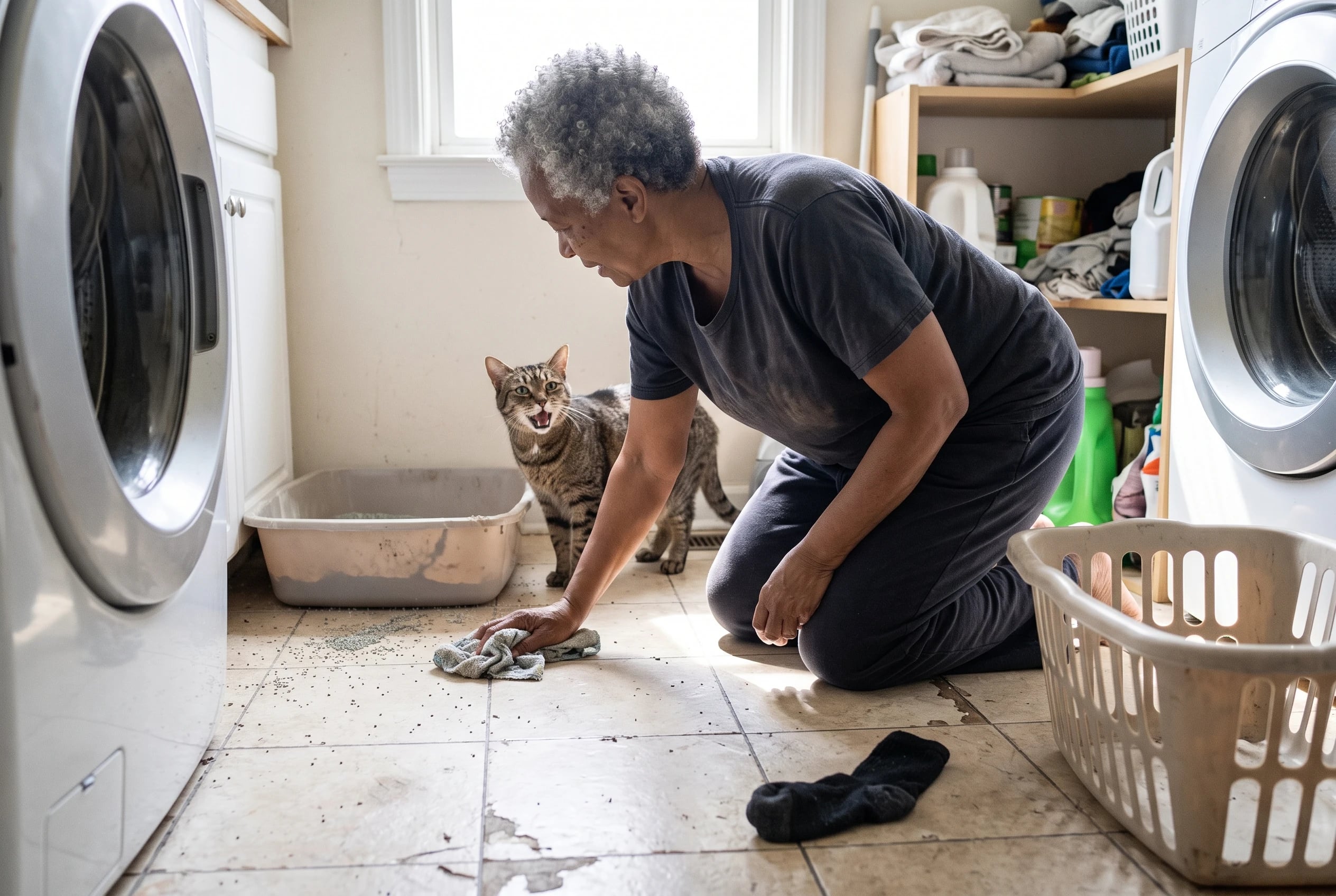 An older woman cleans the floor beside her cat’s litter box in a laundry room.