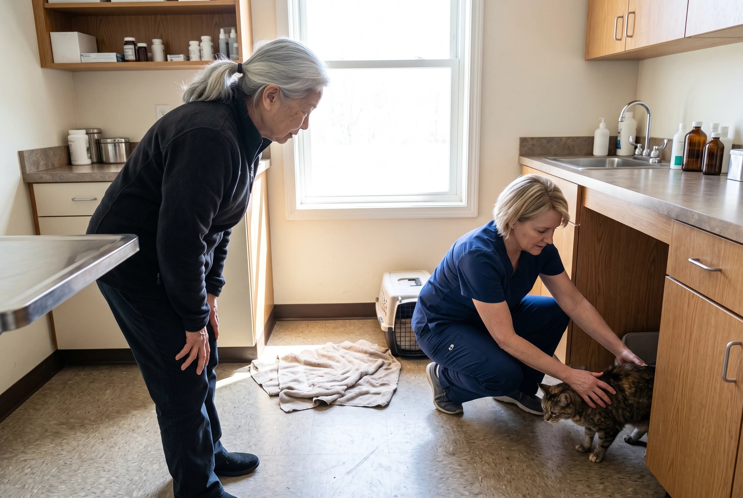 An older woman watches her cat circle on an exam-room floor beside a veterinarian.
