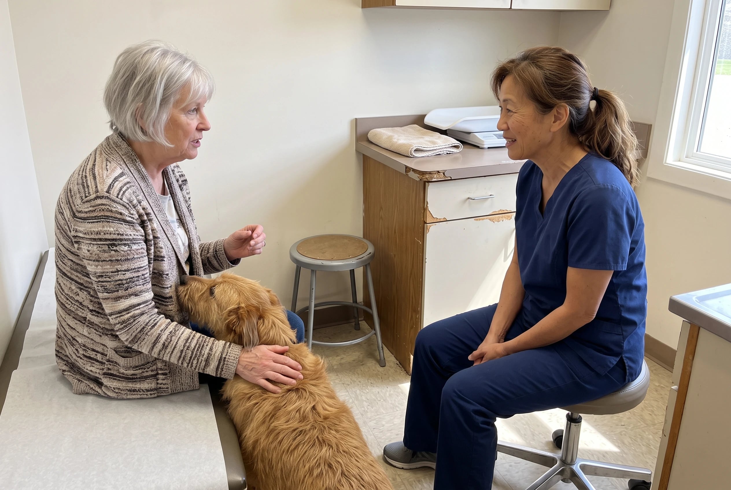 Older woman sits beside her dog while speaking with a veterinarian in an exam room.