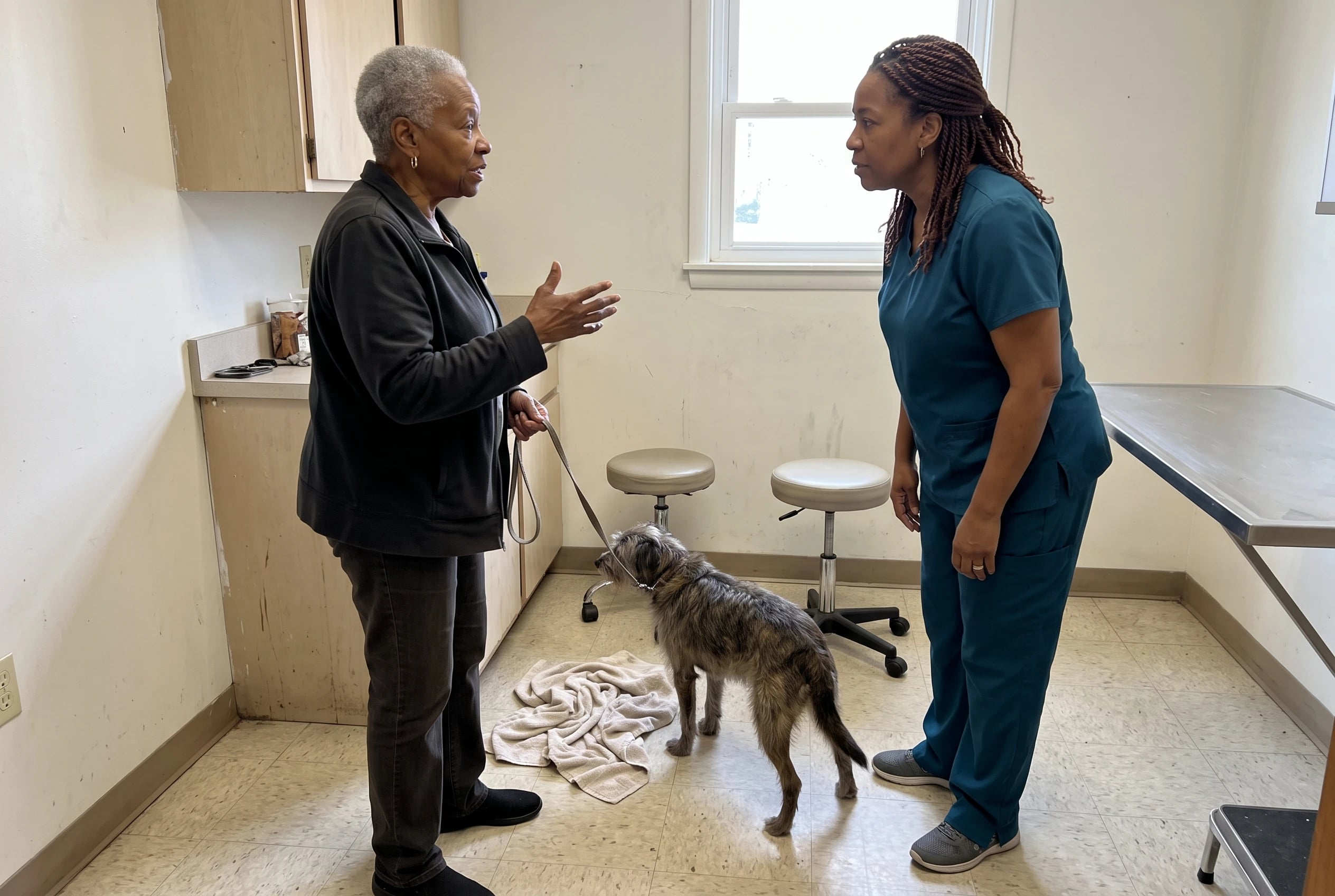 Older woman speaks with a veterinarian while her dog stands on an exam room floor.
