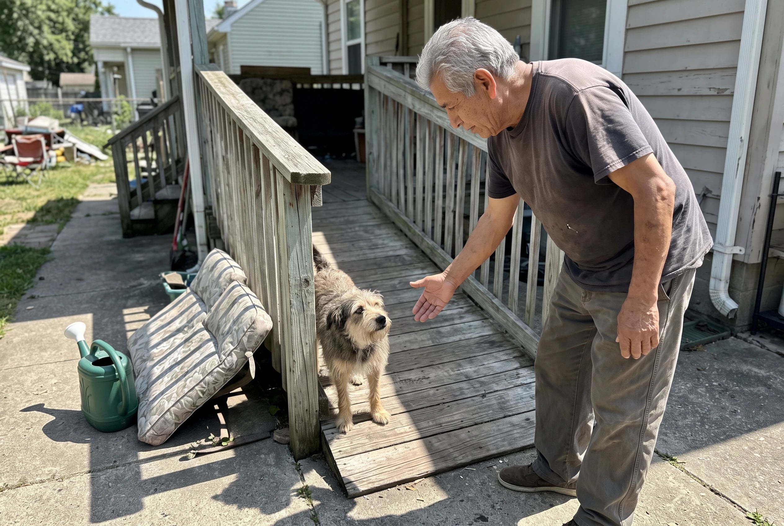 Older owner stands beside her dog at the foot of a ramp by the porch.