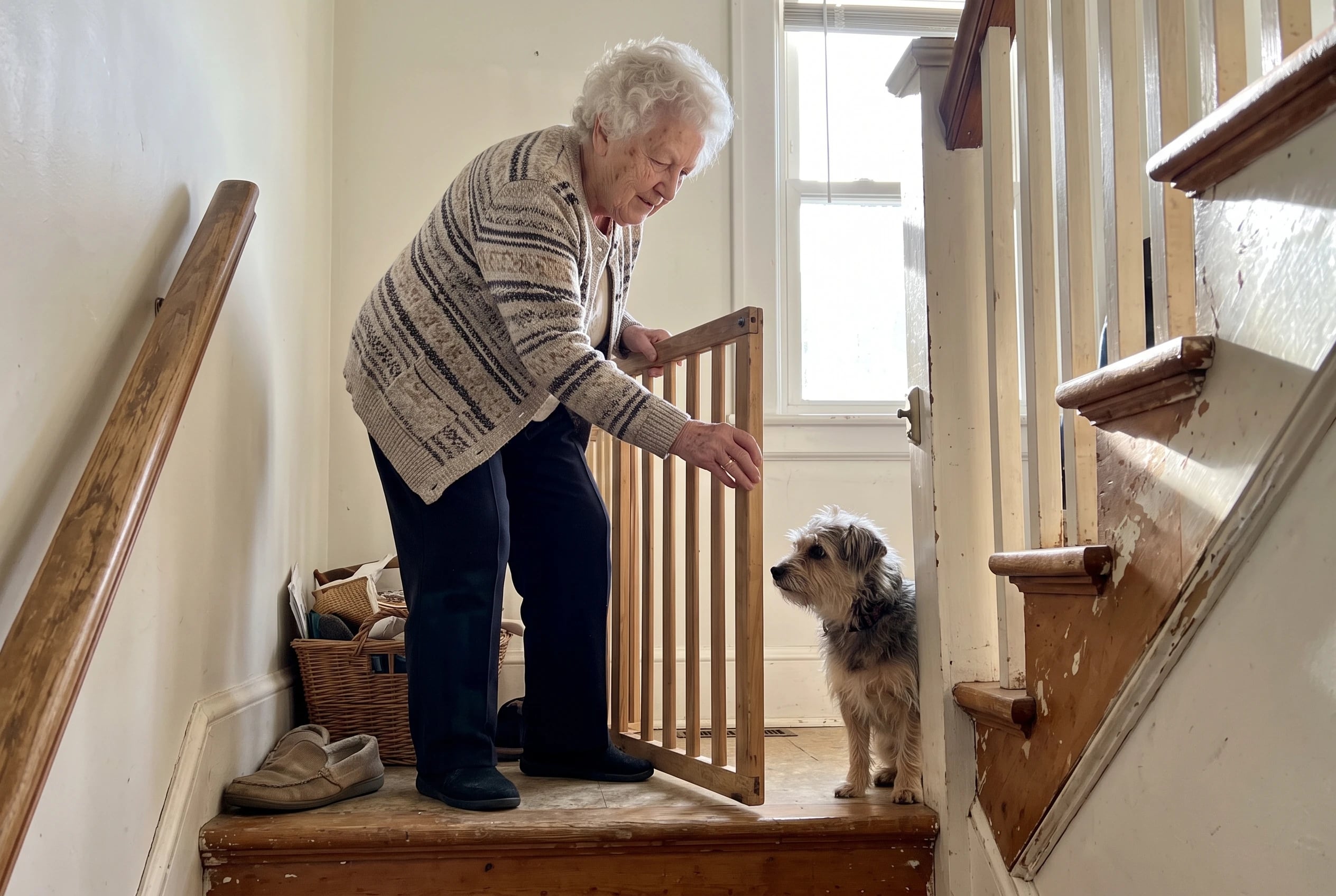 Older woman closes a baby gate across the back stairs as her dog waits nearby.