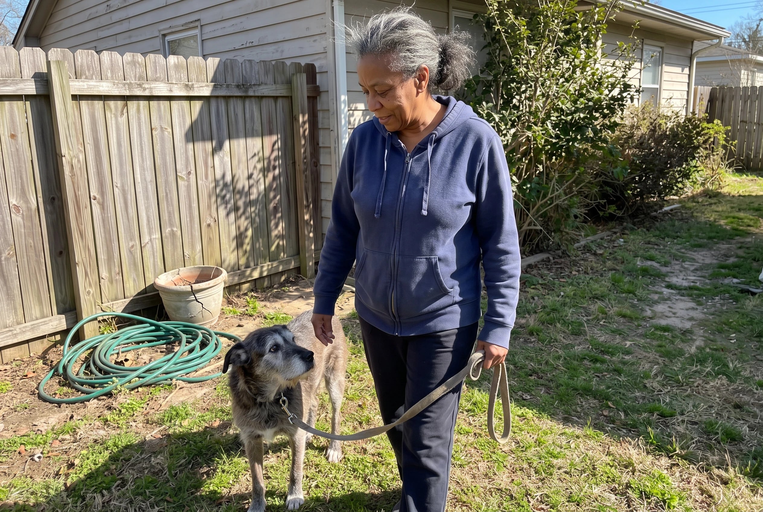 Older owner walks her dog along a short grass path near her house.