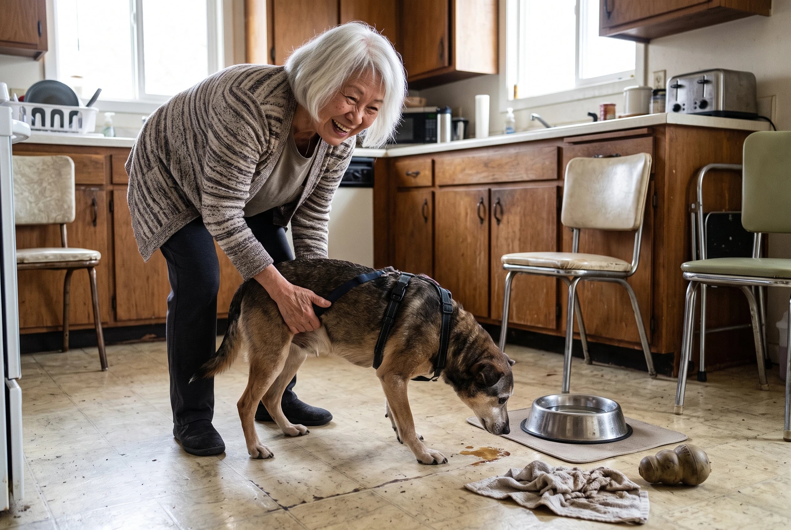 Older woman adjusts the rear section of a support harness beside her dog's water bowl.