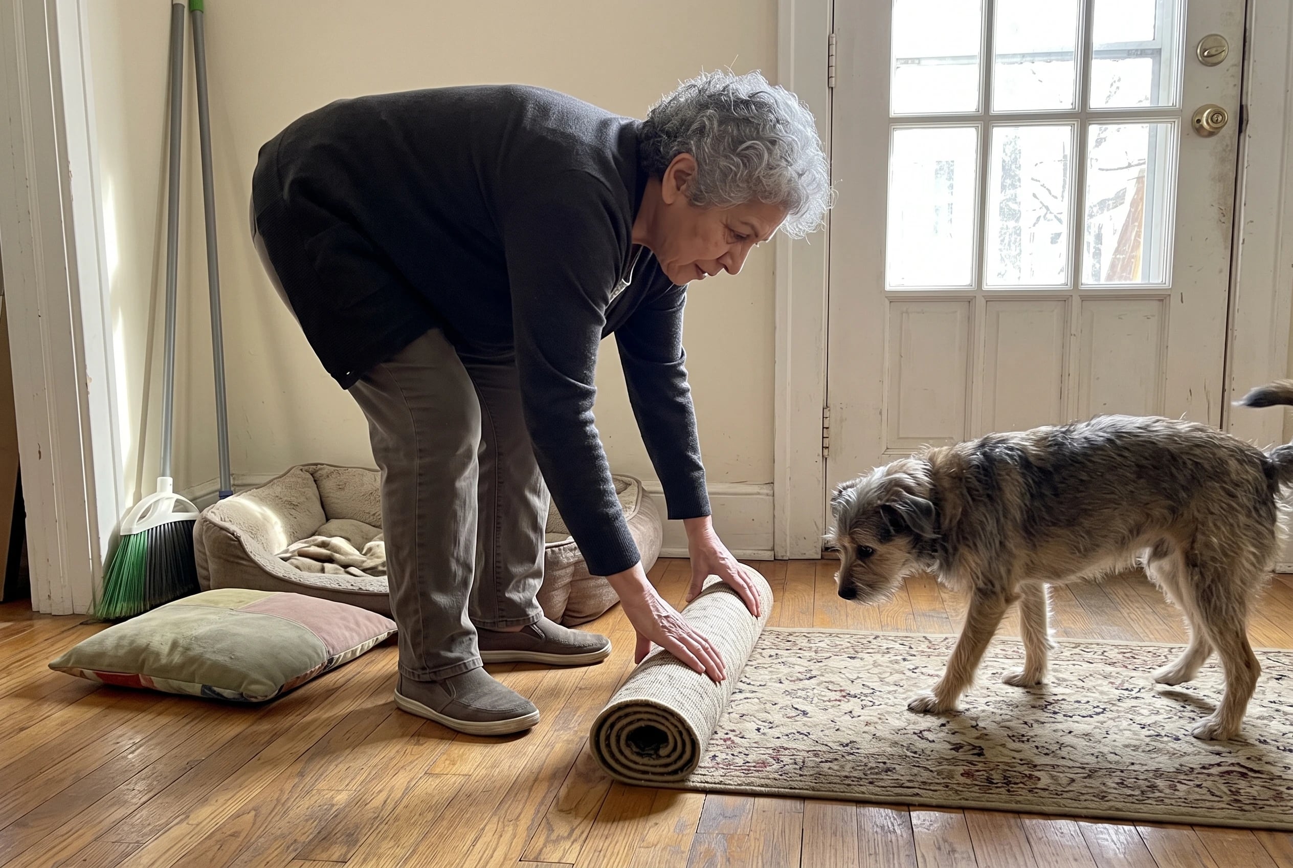 Older owner lays a runner between her dog's bed and the back door.