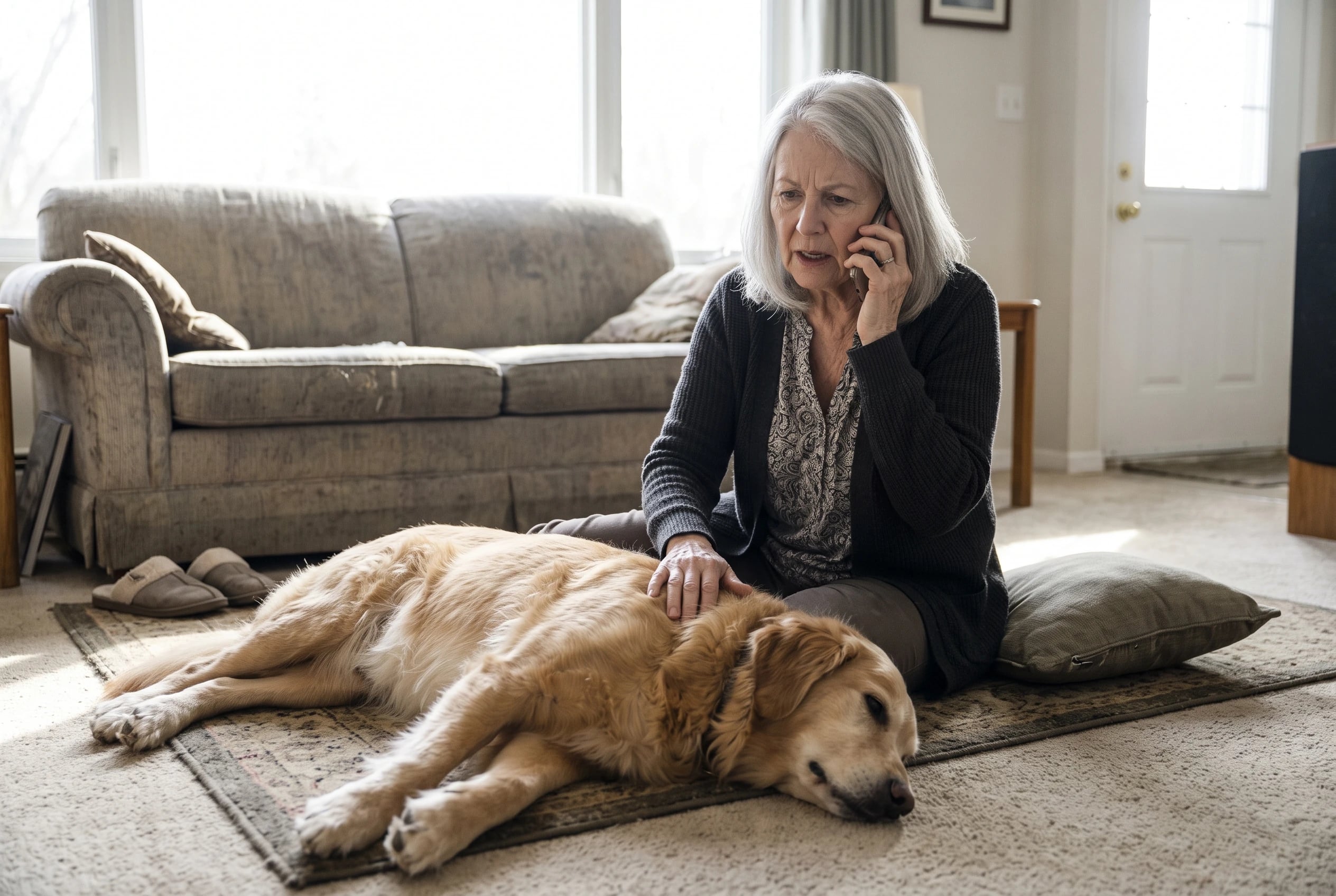 Older woman phones a veterinarian while sitting beside her collapsed dog in the living room.