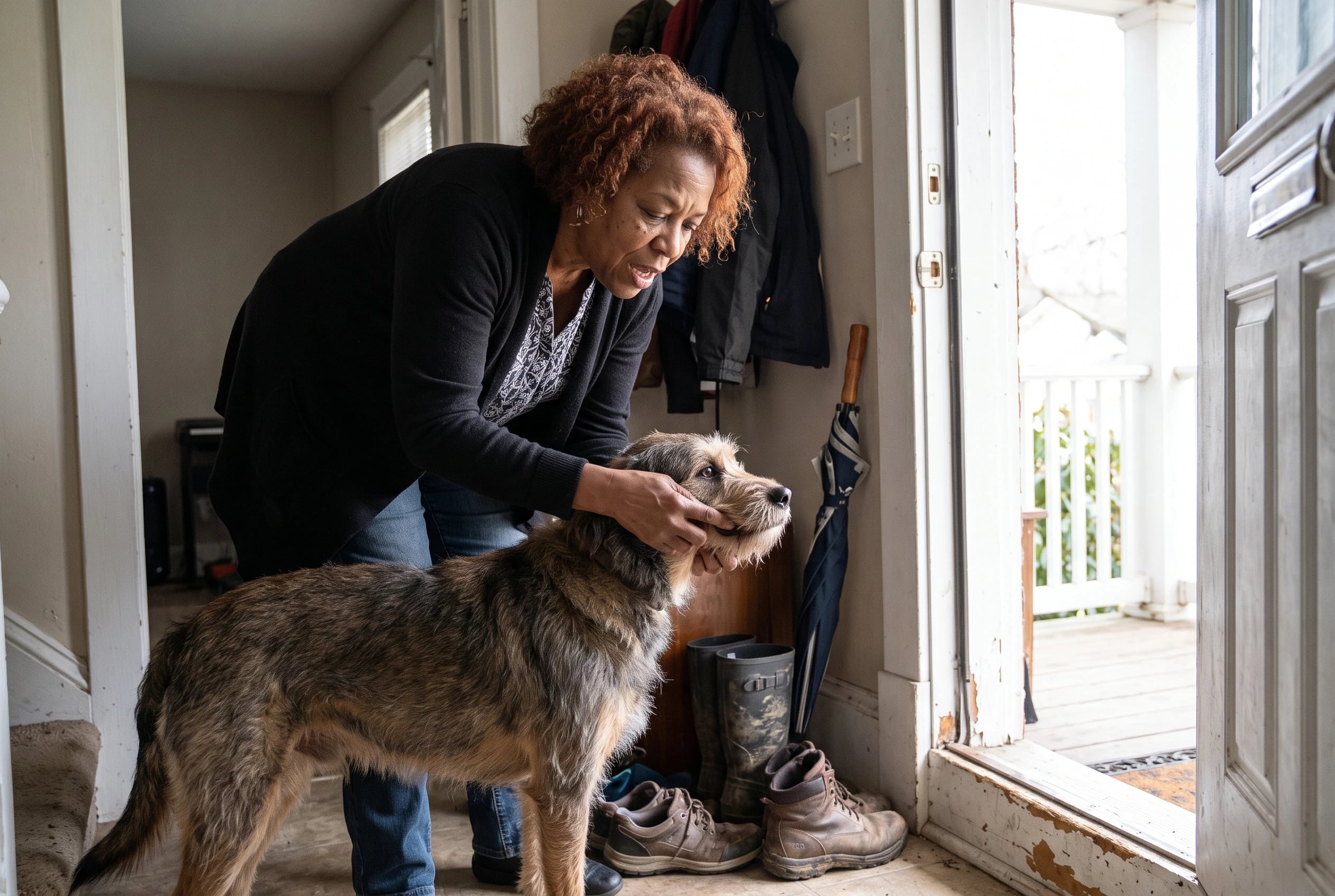 Older owner lifts her dog's lip to check his gums in the entryway.