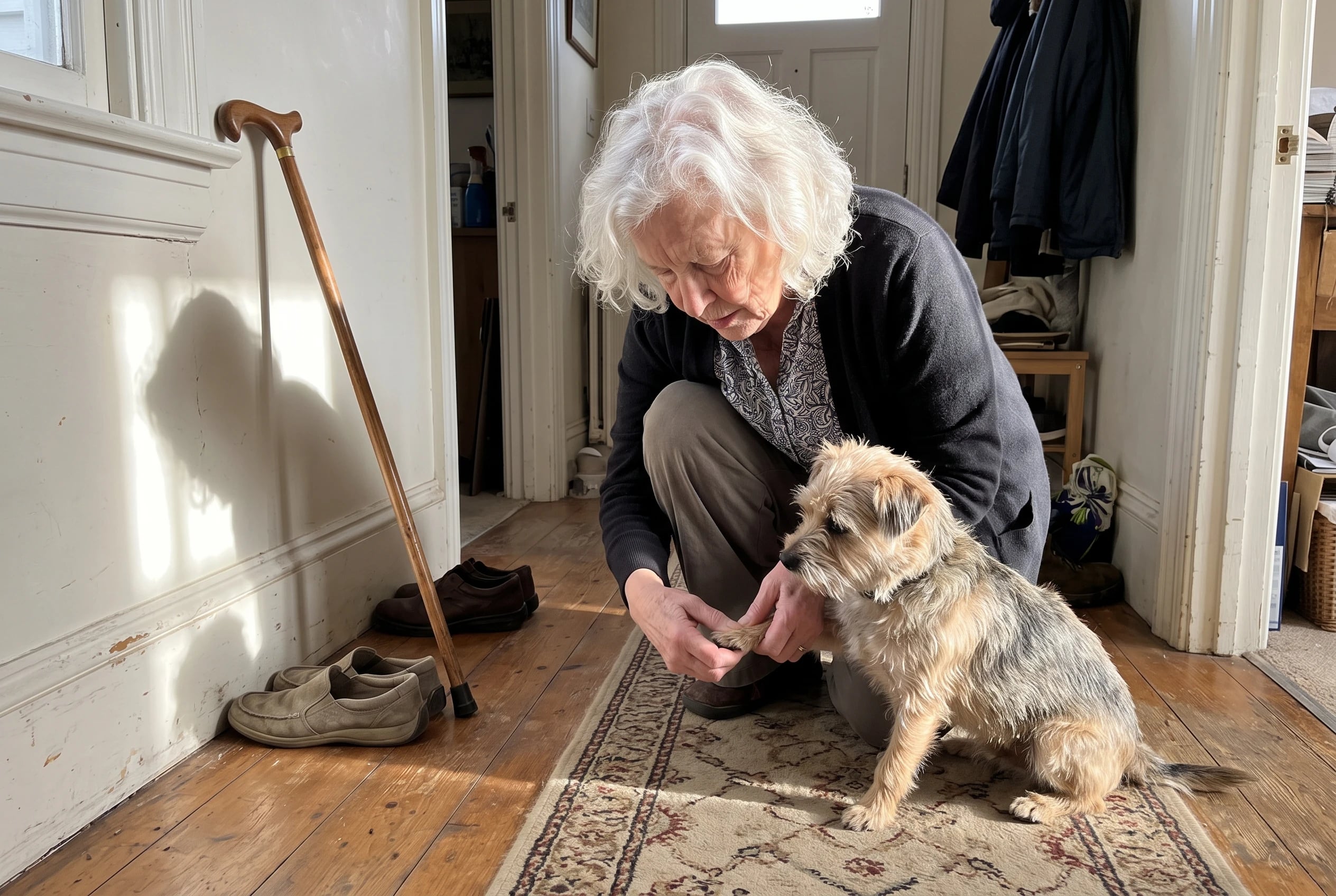 Older woman checks her dog's nails where the hallway floor meets a runner.