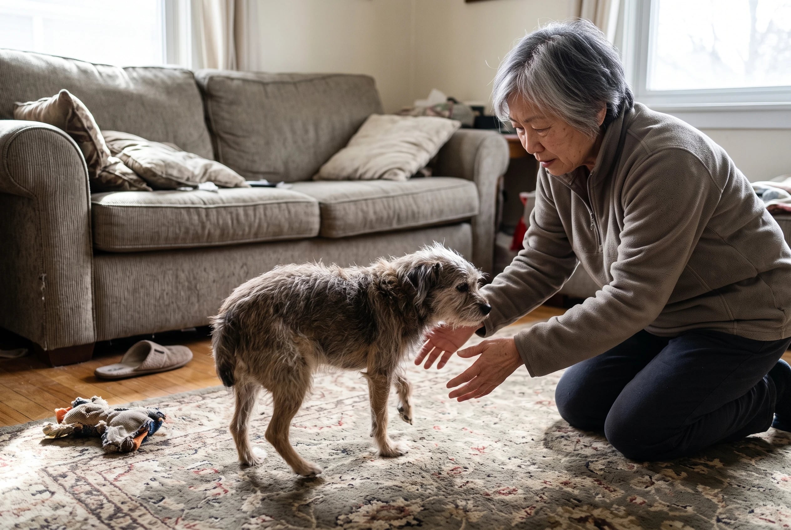 Older owner watches her dog's turned-under back paw on a living room rug.