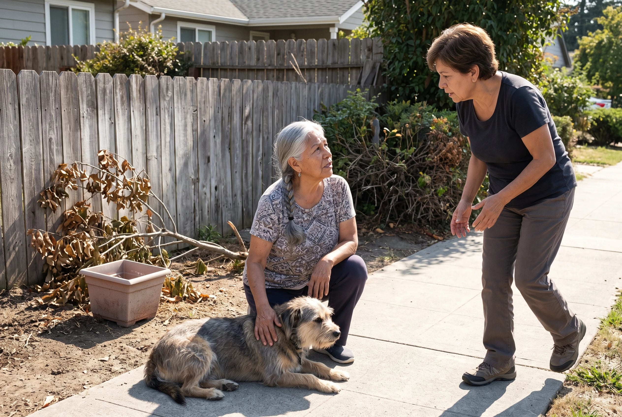 Older woman kneels beside her resting dog on a neighborhood sidewalk.