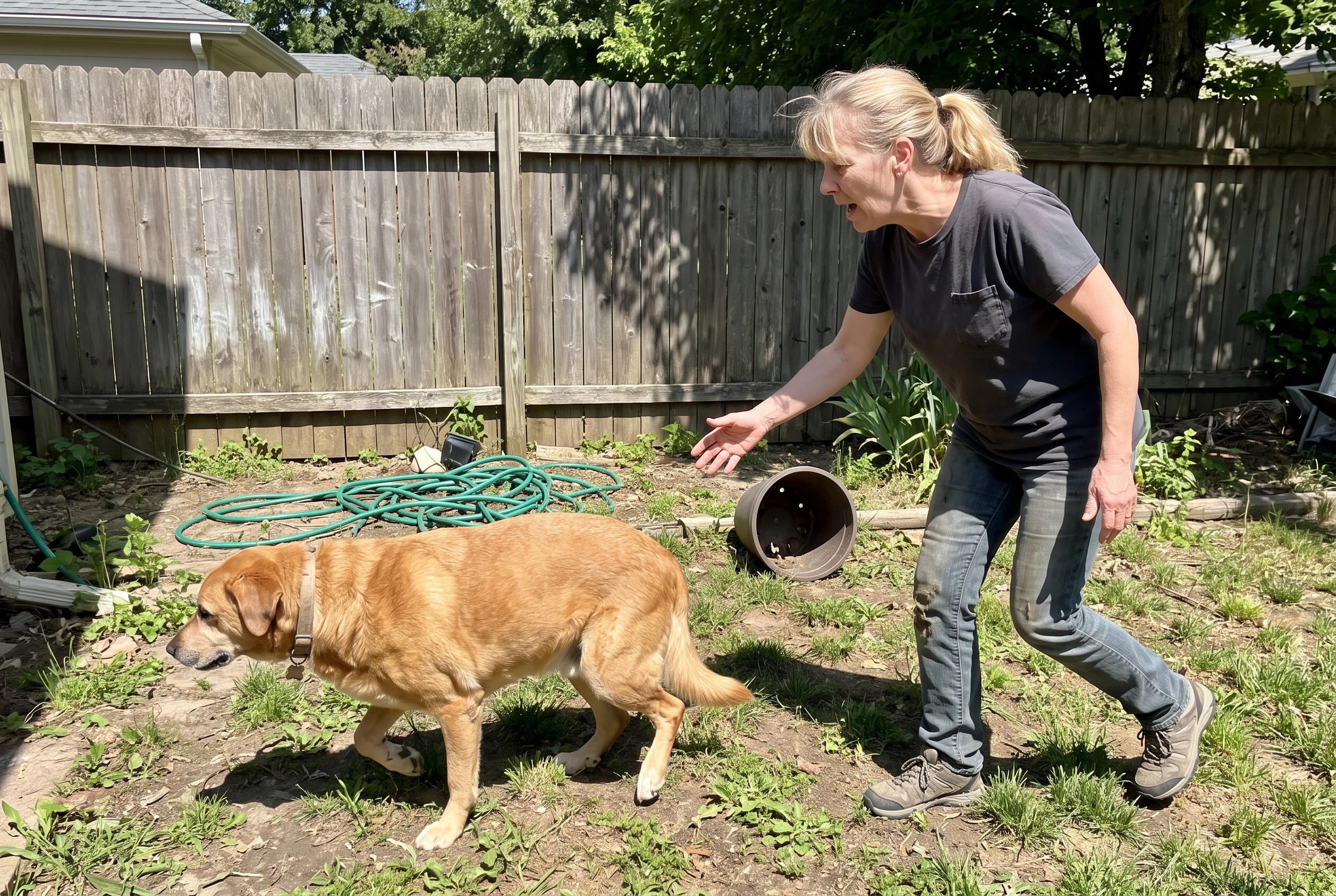 Older owner stands beside her dog after one back leg gives way in the yard.
