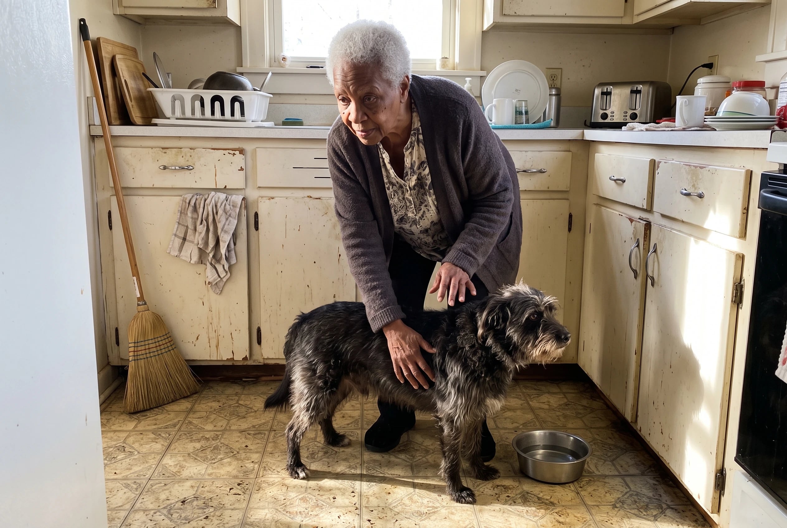 Older woman steadies her dog as he pauses beside his water bowl in the kitchen.