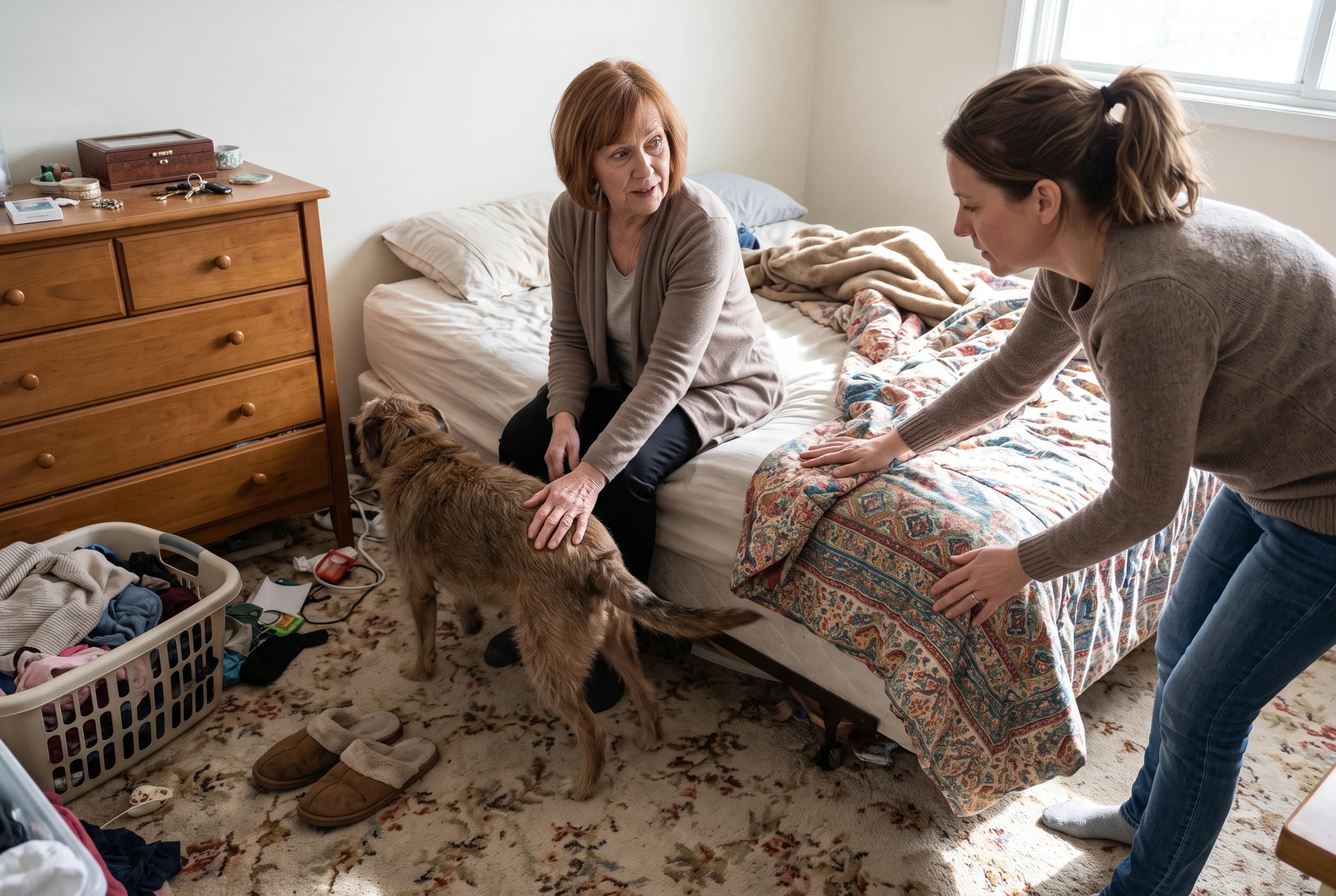 Older owner feels her dog's hindquarters while he stands beside a bedroom dresser.