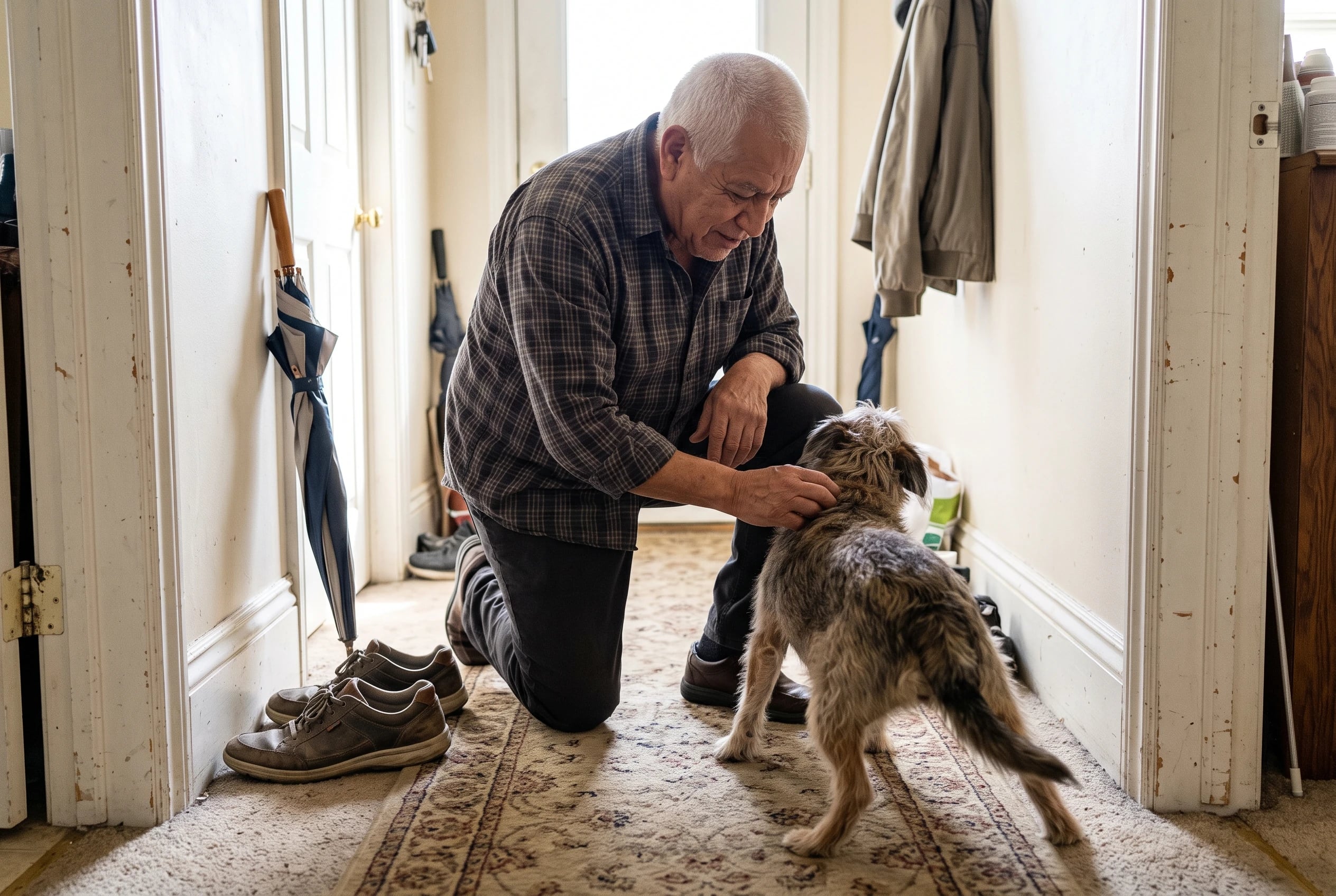 Older owner kneels beside a dog lying on the hallway carpet with his back legs extended.