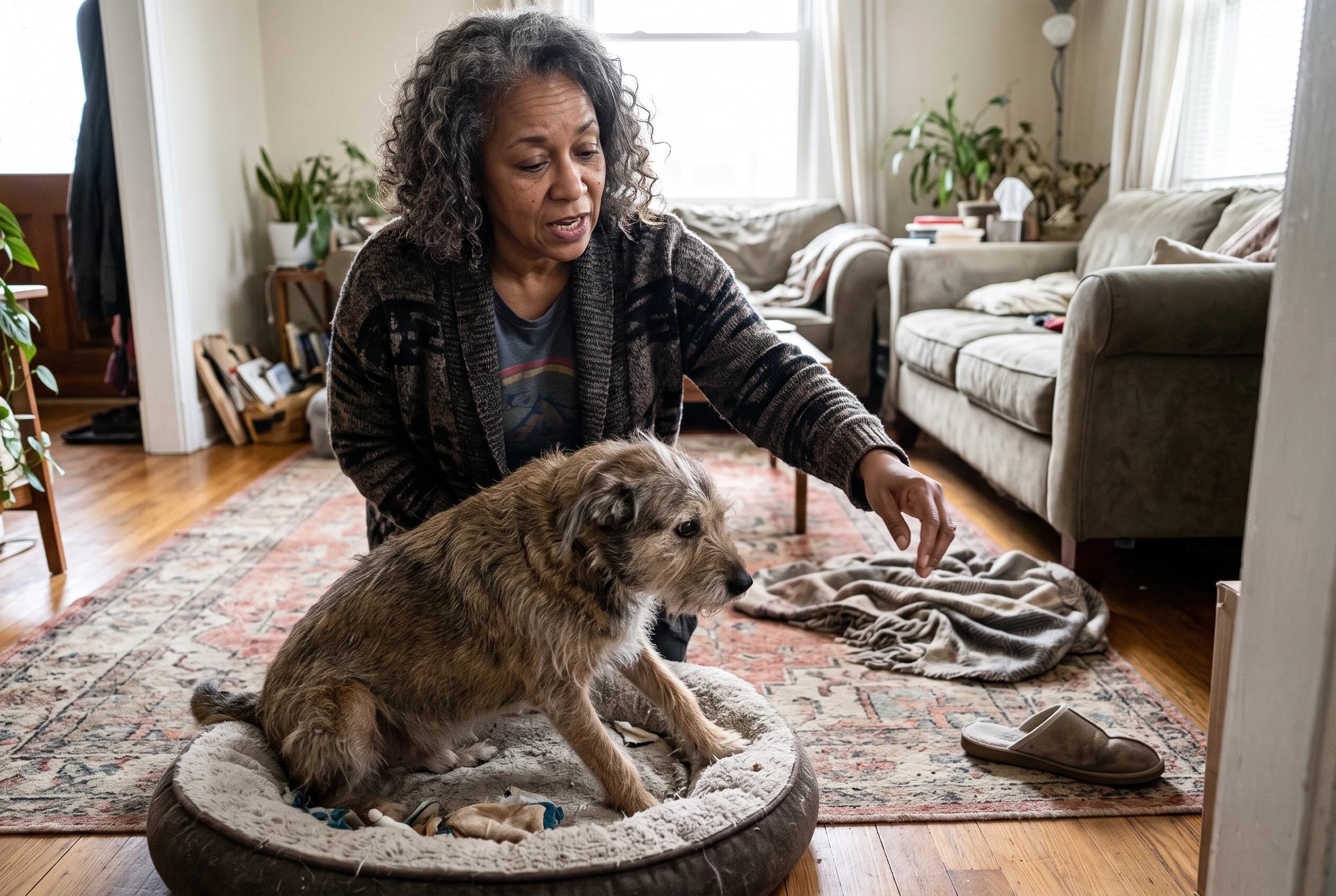 Older woman watches her dog pause while rising from a bed in the living room.
