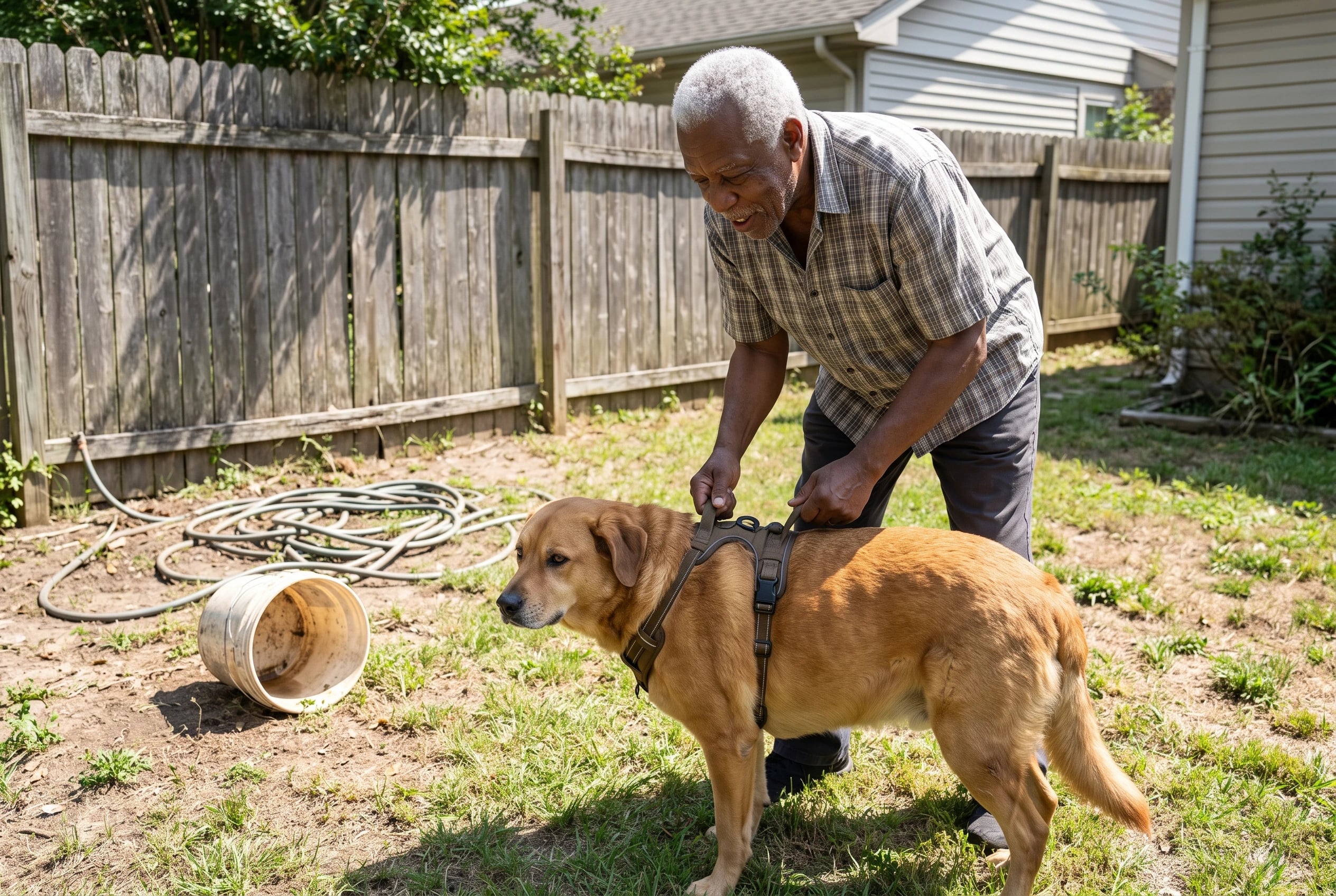 Older owner steadies a large dog using front and rear harness handles in the yard.