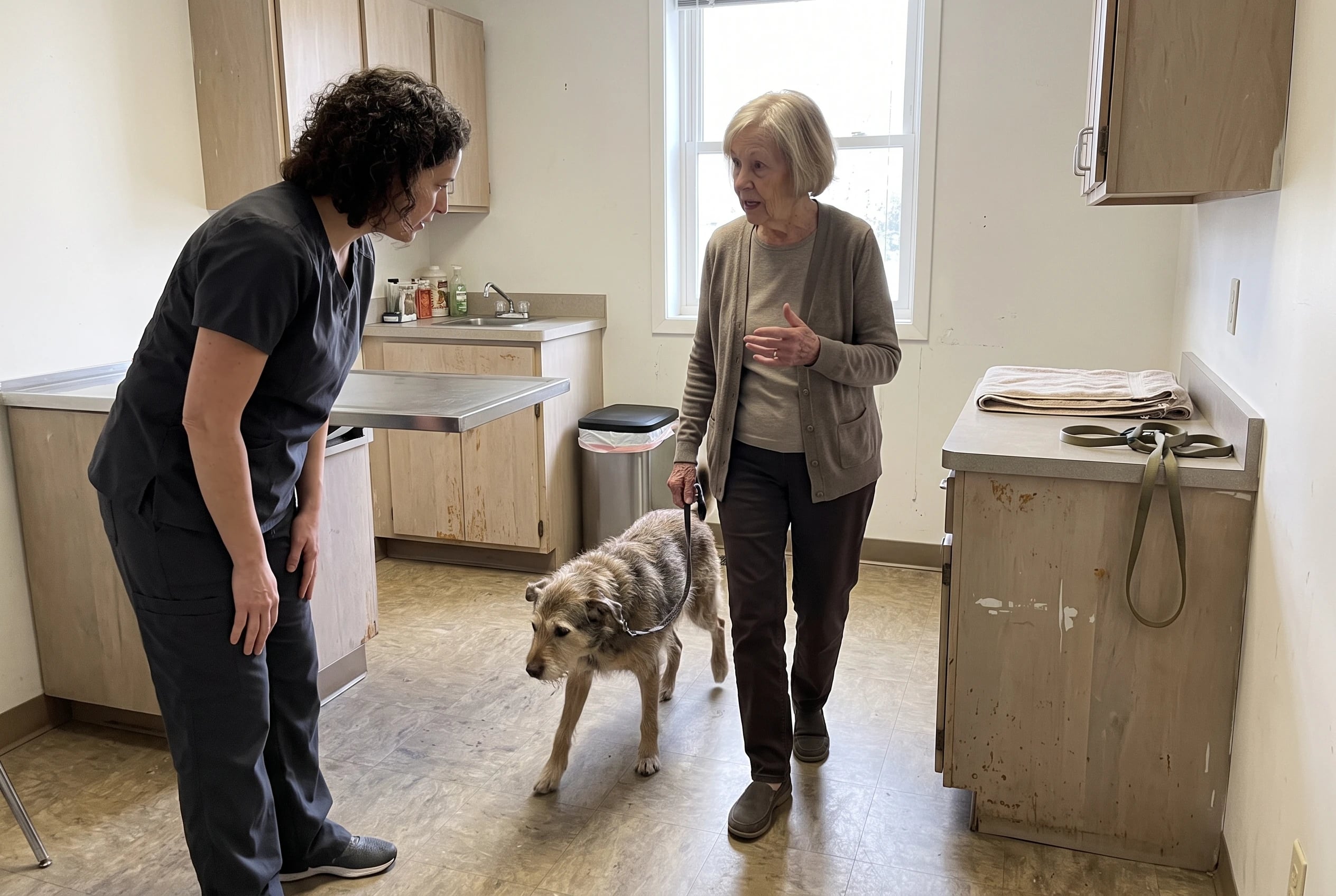 Older woman shows a veterinarian how her dog walks across an exam room.