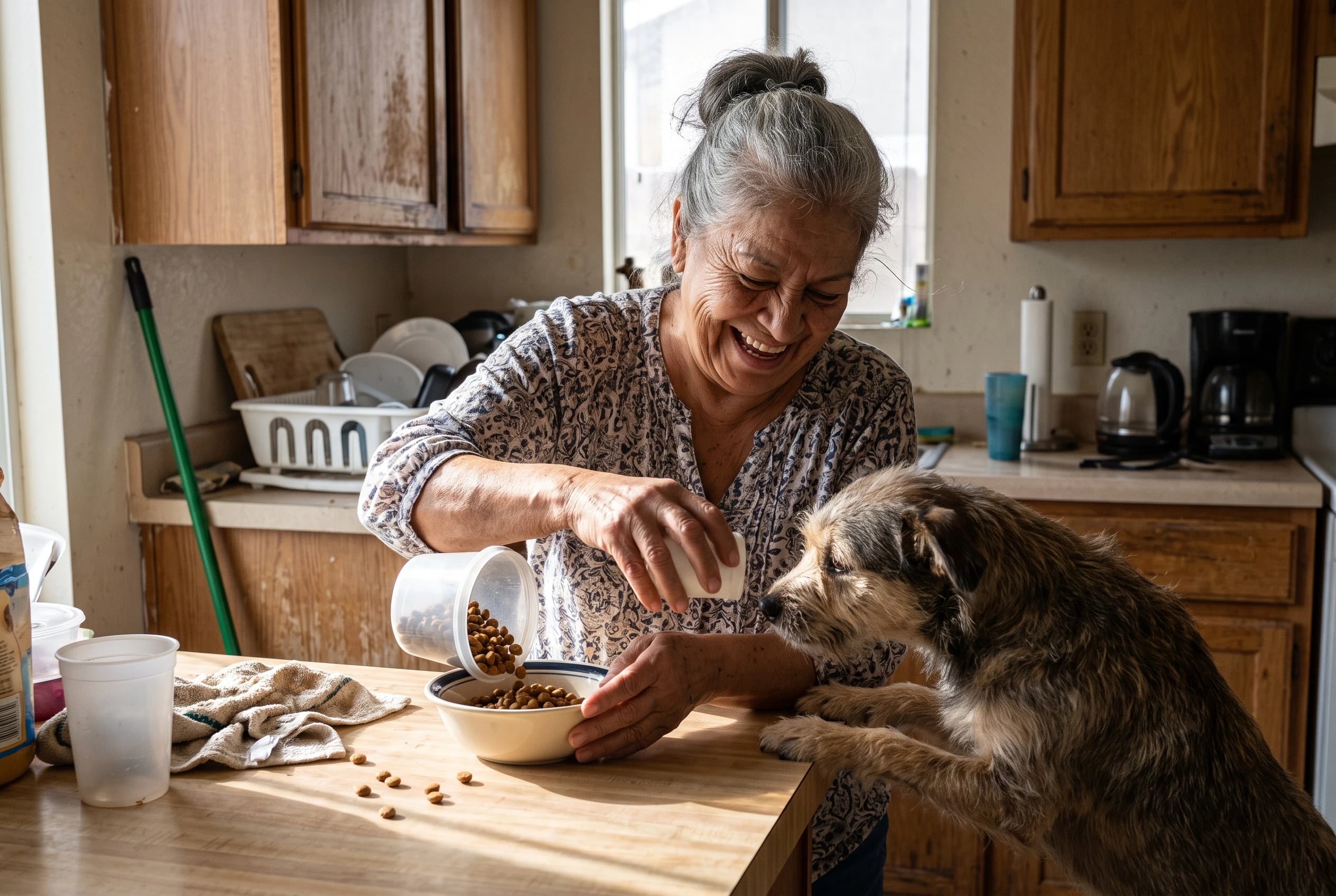 Older owner measures her dog's food into a bowl at the kitchen counter.