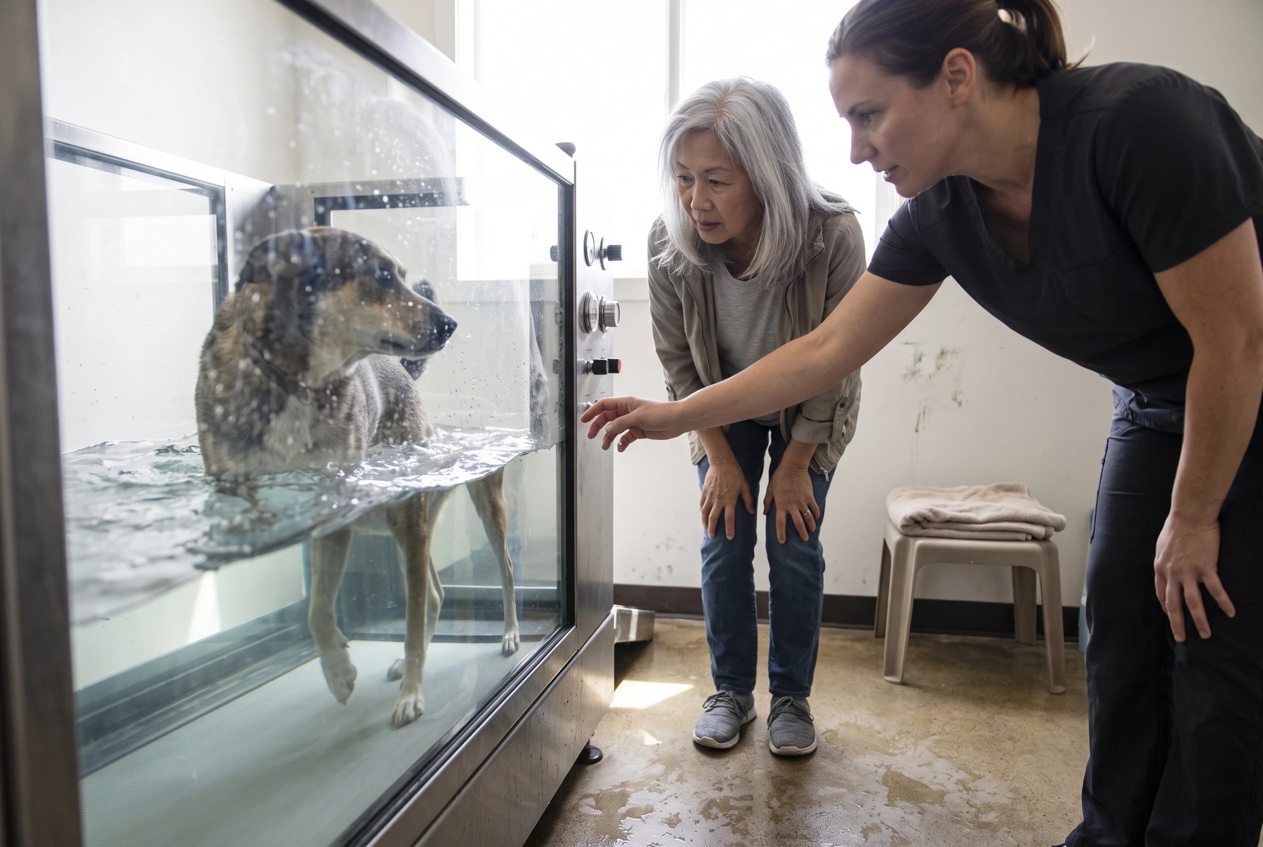 Older woman watches her dog walk in an underwater treadmill at a rehabilitation clinic.