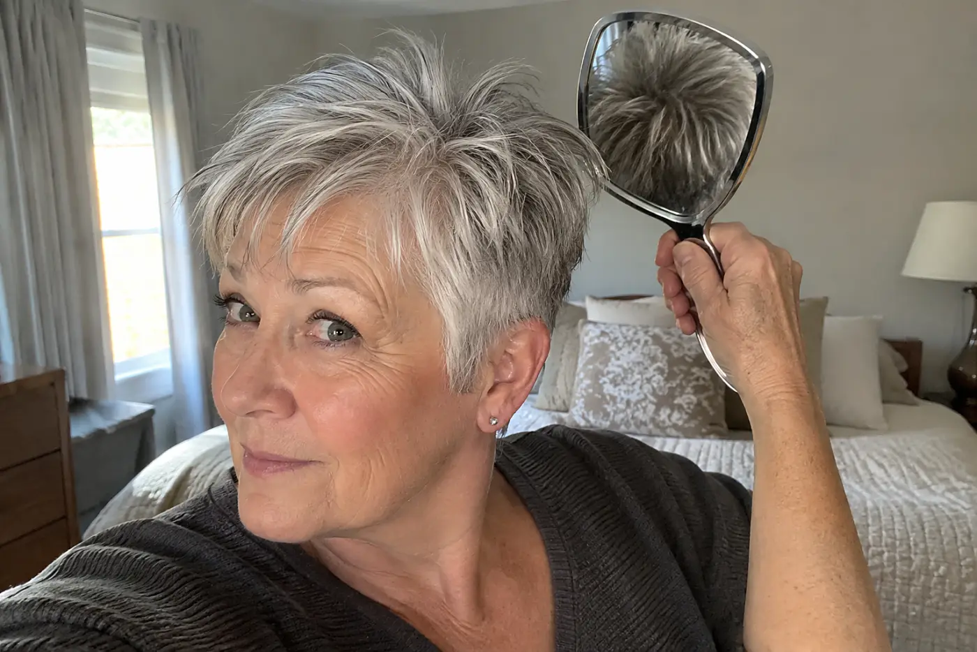 Woman using a hand mirror to check the crown of her textured gray pixie beneath a bedroom ceiling light.