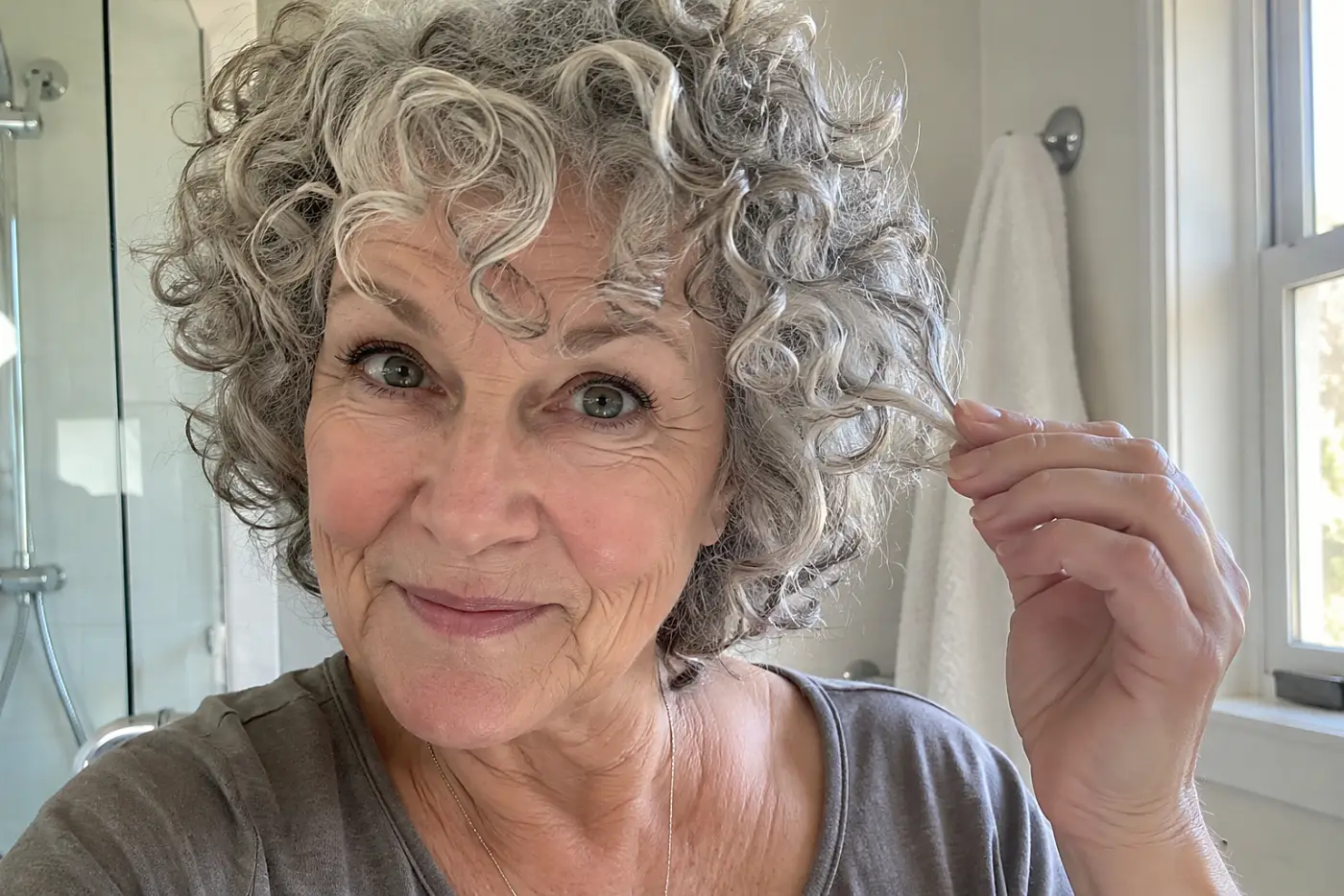 Woman checking where her curly gray bangs fall in a sunlit bathroom.