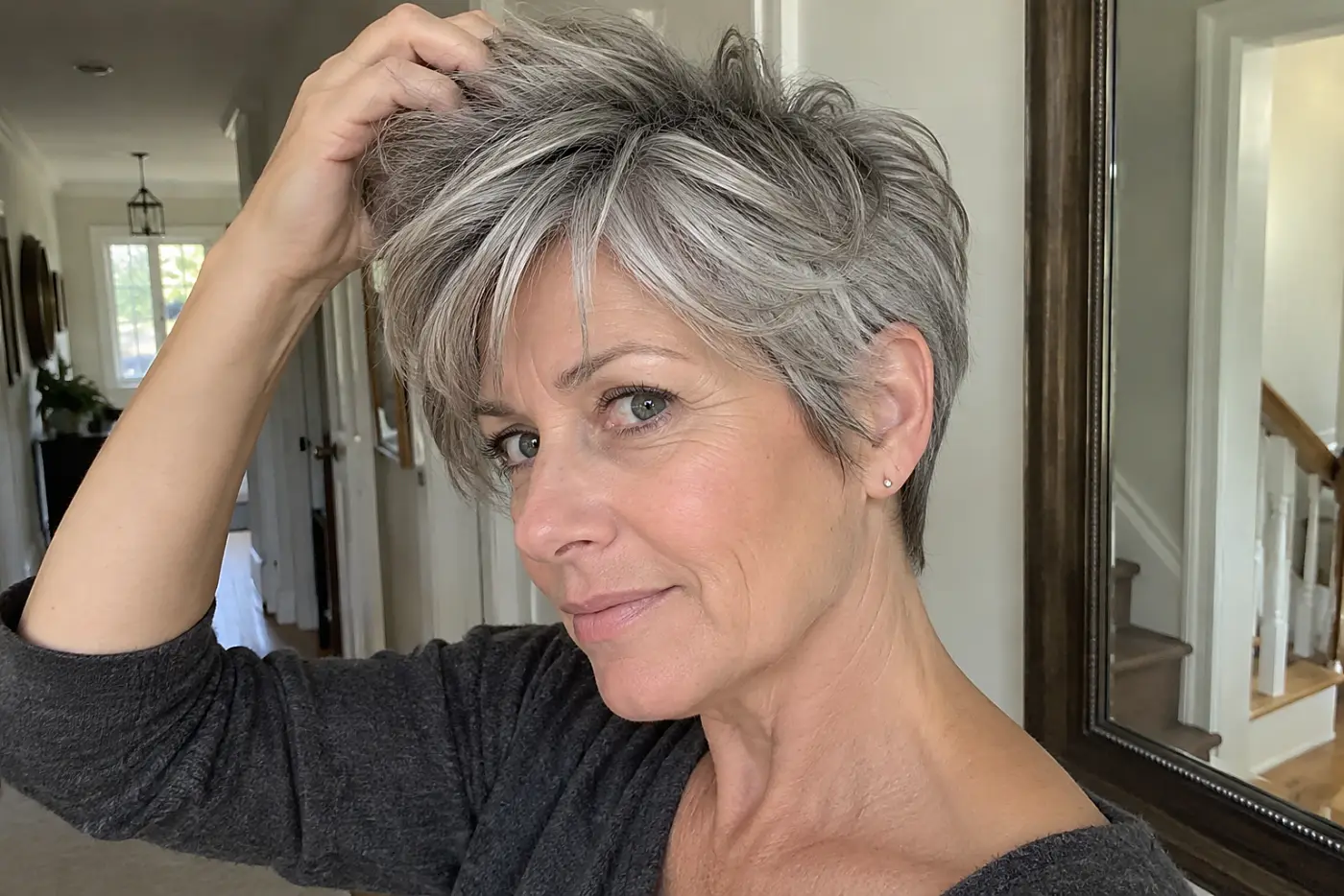 Woman lifting the longer crown of her tapered gray pixie beside her hallway mirror.