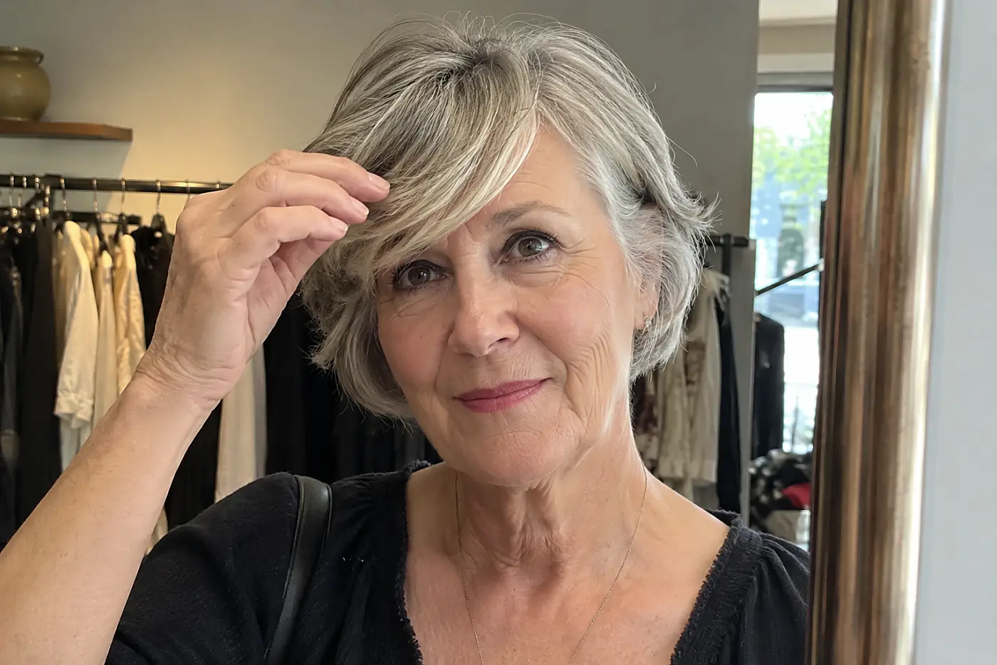 Woman sweeping her gray fringe across her forehead in the mirror of a clothing shop.