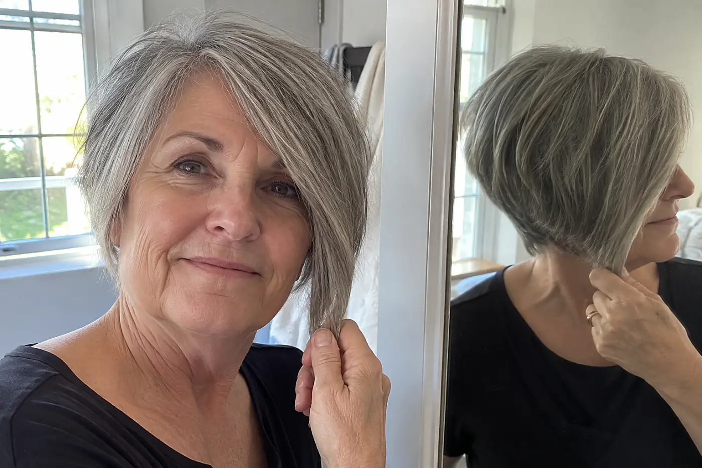 Woman holding one longer front section of her gray wedge beside her cheek in a dressing room mirror.