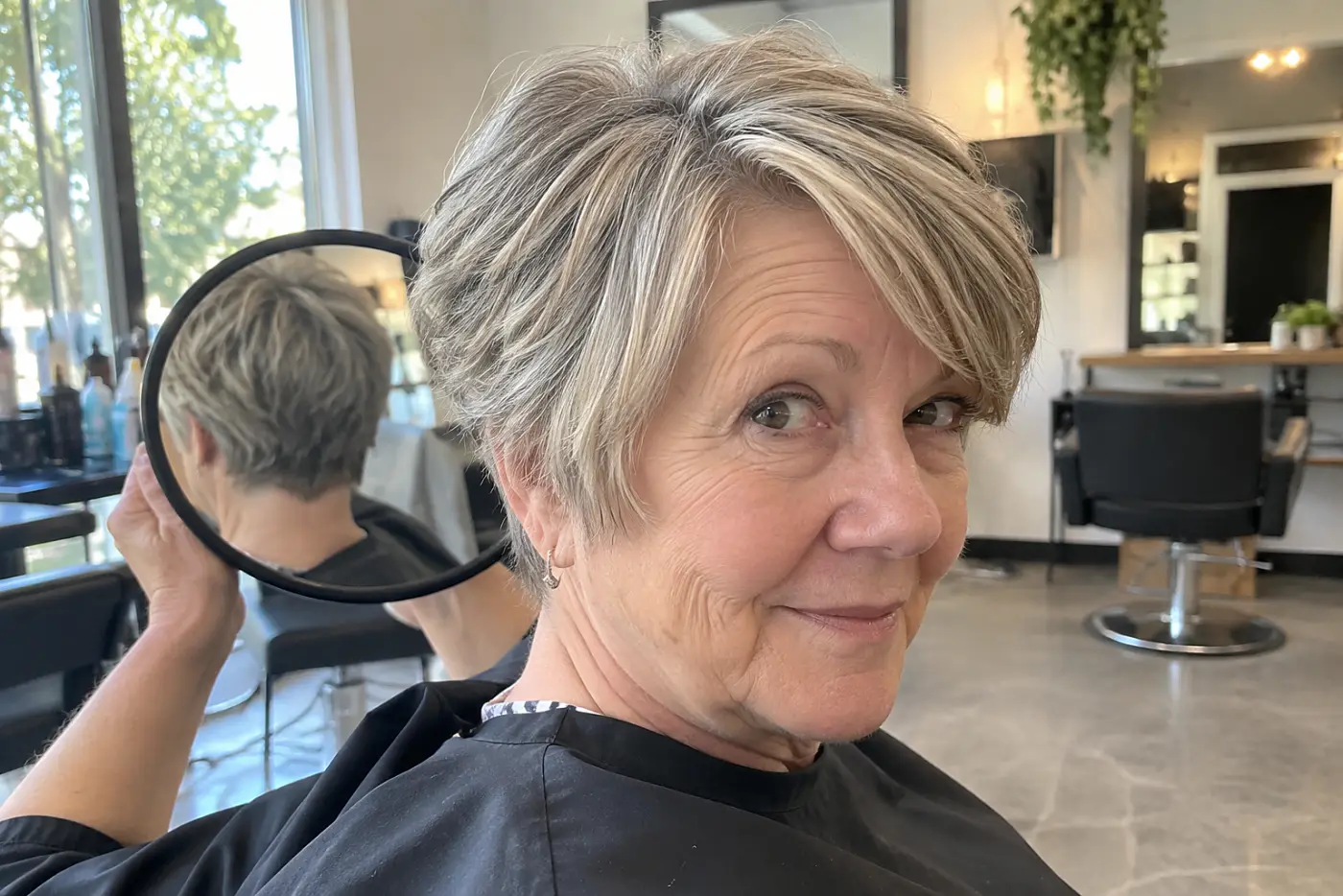 Woman holding a hand mirror to view the back of her bixie at a salon.